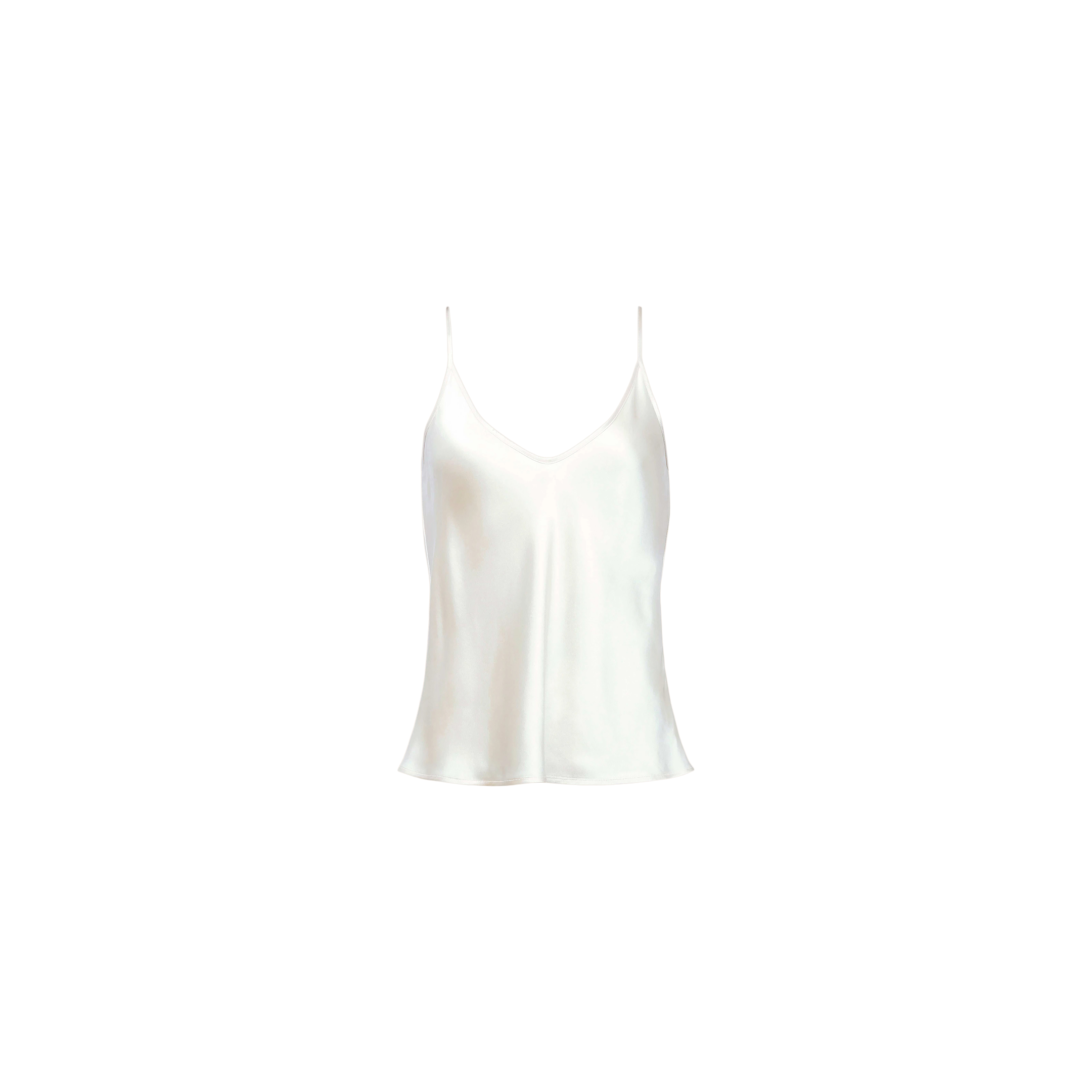 The Lexi Silk Camisole features a plain white design with adjustable spaghetti straps and a V-neckline, displayed against a light gray background.