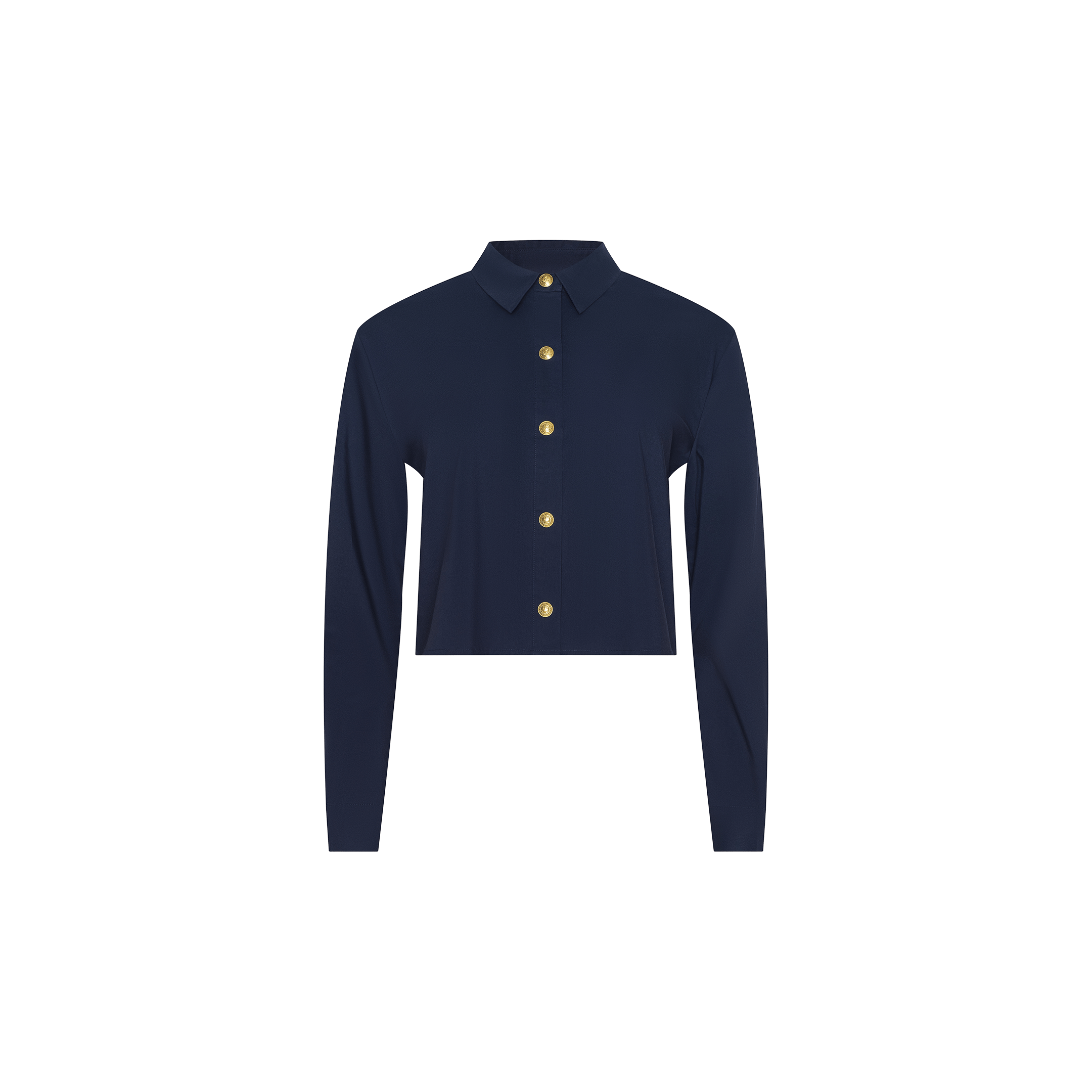 The Cosette Shirt is a navy blue, long-sleeved, collared tailored shirt featuring gold buttons down the front. It is neatly buttoned and displayed on a plain white background.