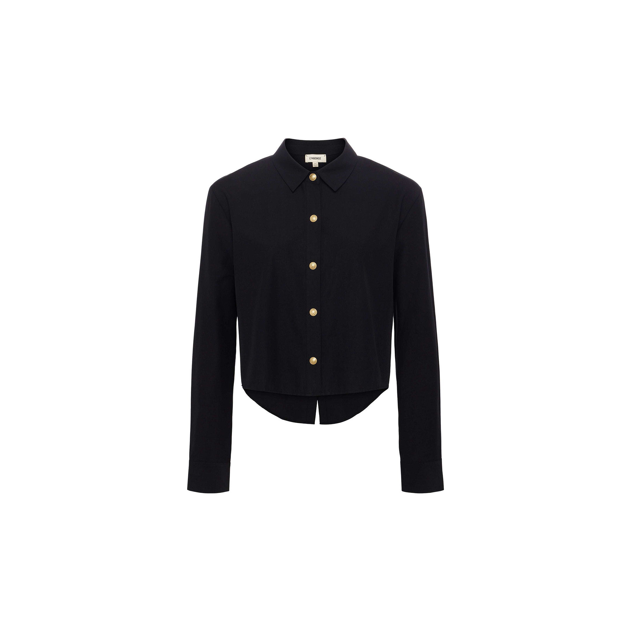 The Cosette Shirt is a black, long-sleeve collared tailored shirt with gold buttons, crafted from a stretch cotton-blend fabric and featuring a cropped length, displayed on a plain white background.