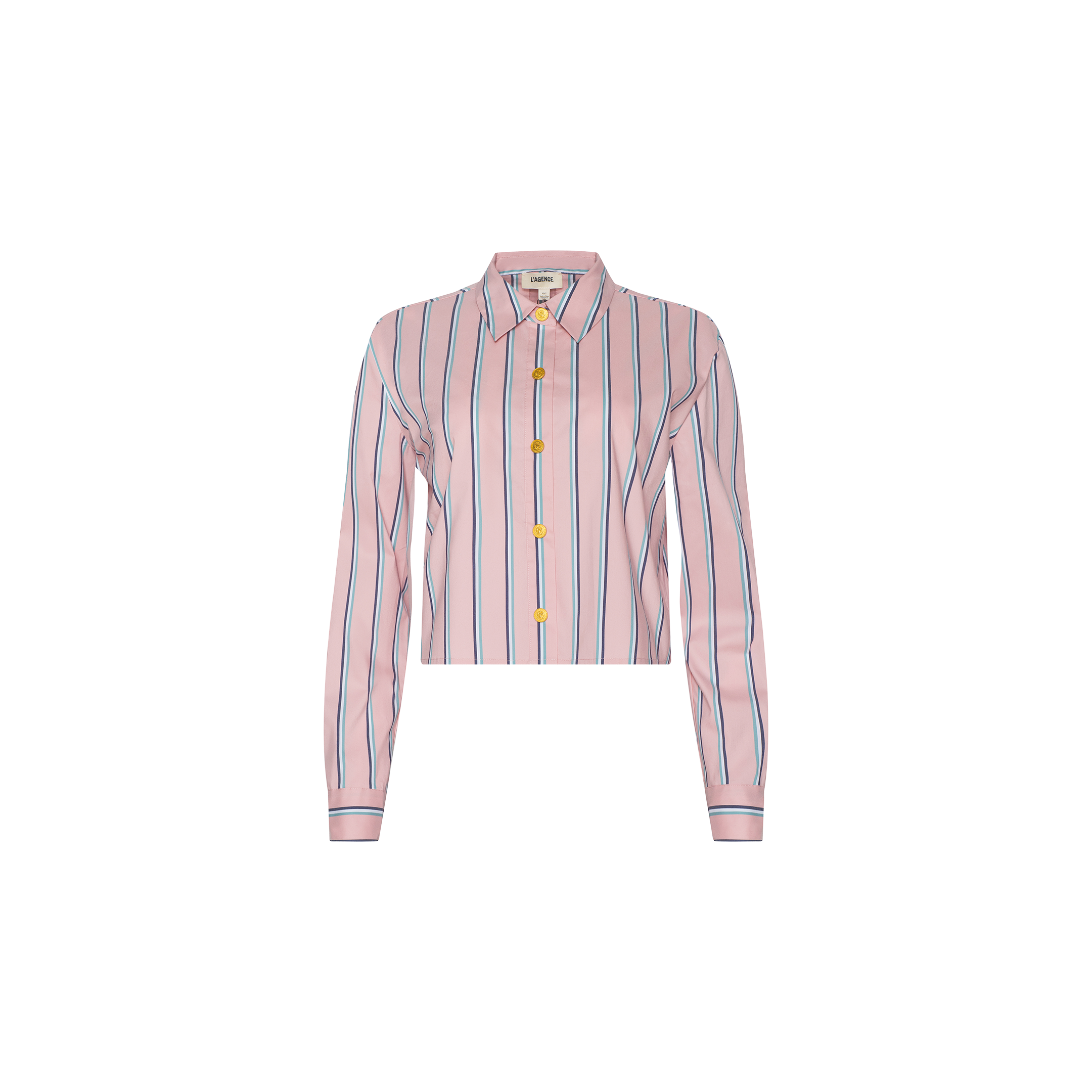 The Cosette Shirt is a pink, long-sleeve tailored shirt with blue and white vertical stripes and yellow buttons, crafted from an organic cotton-blend fabric. Featuring a cropped high-low hem, this top is showcased against a plain white background.