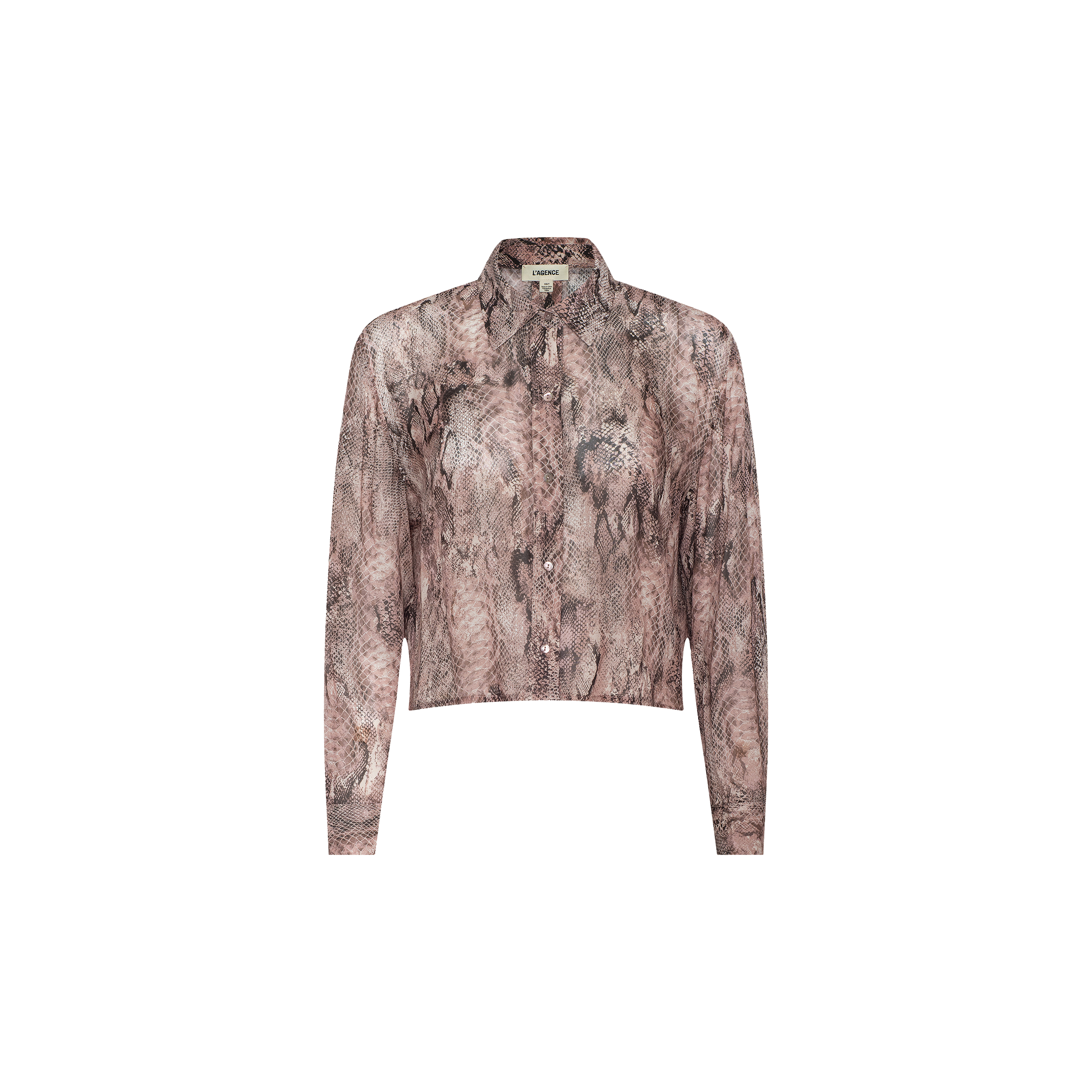 The Cosette Shirt is a lightweight, long-sleeve button-down with a collar and straight hem, featuring a modern cropped high-low silhouette. Showcased in brown and beige snakeskin print on a plain white background.