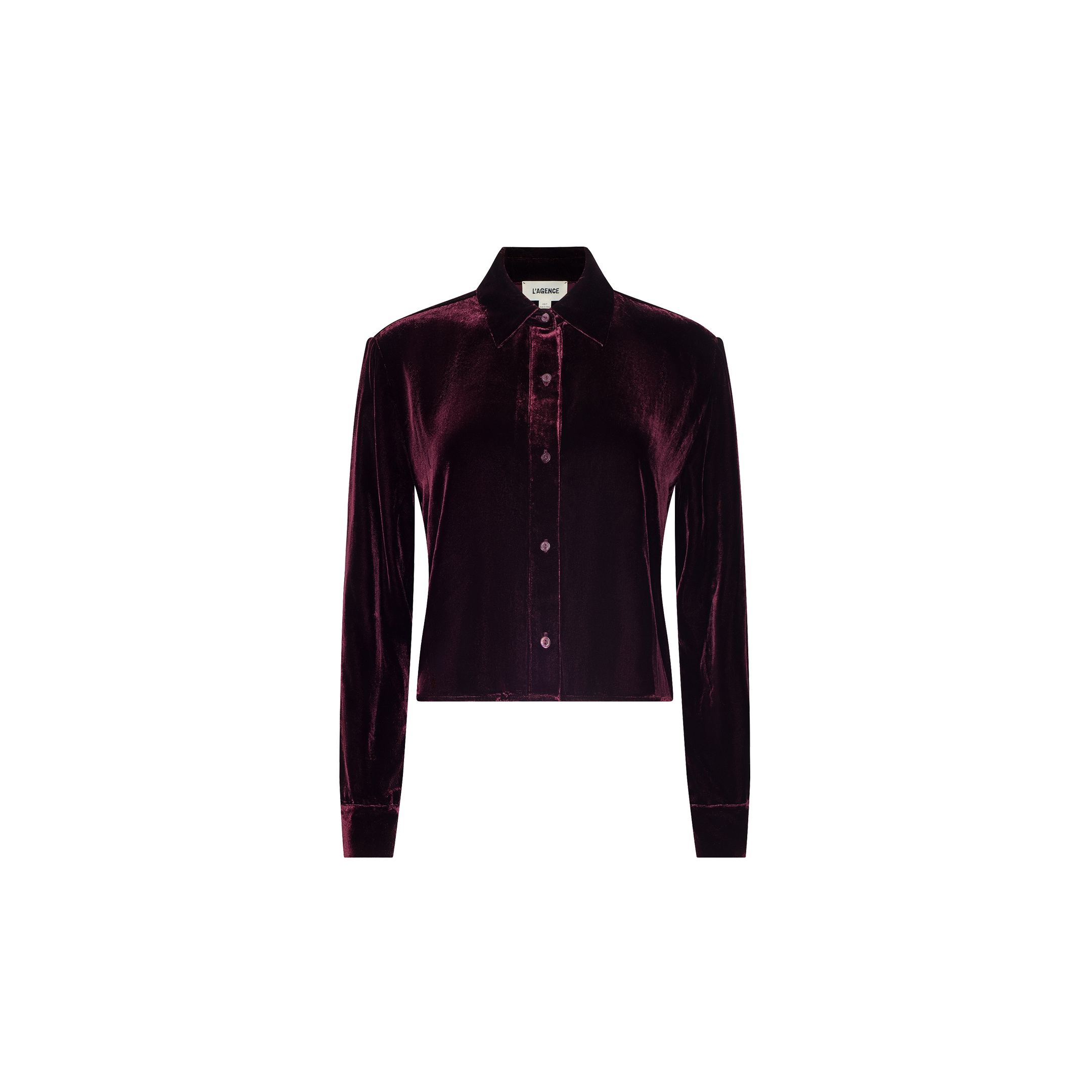 The Cosette Velvet Shirt is a long-sleeved, button-up shirt crafted from deep burgundy velvet, featuring a collar and tailored fit, displayed against a plain white background.