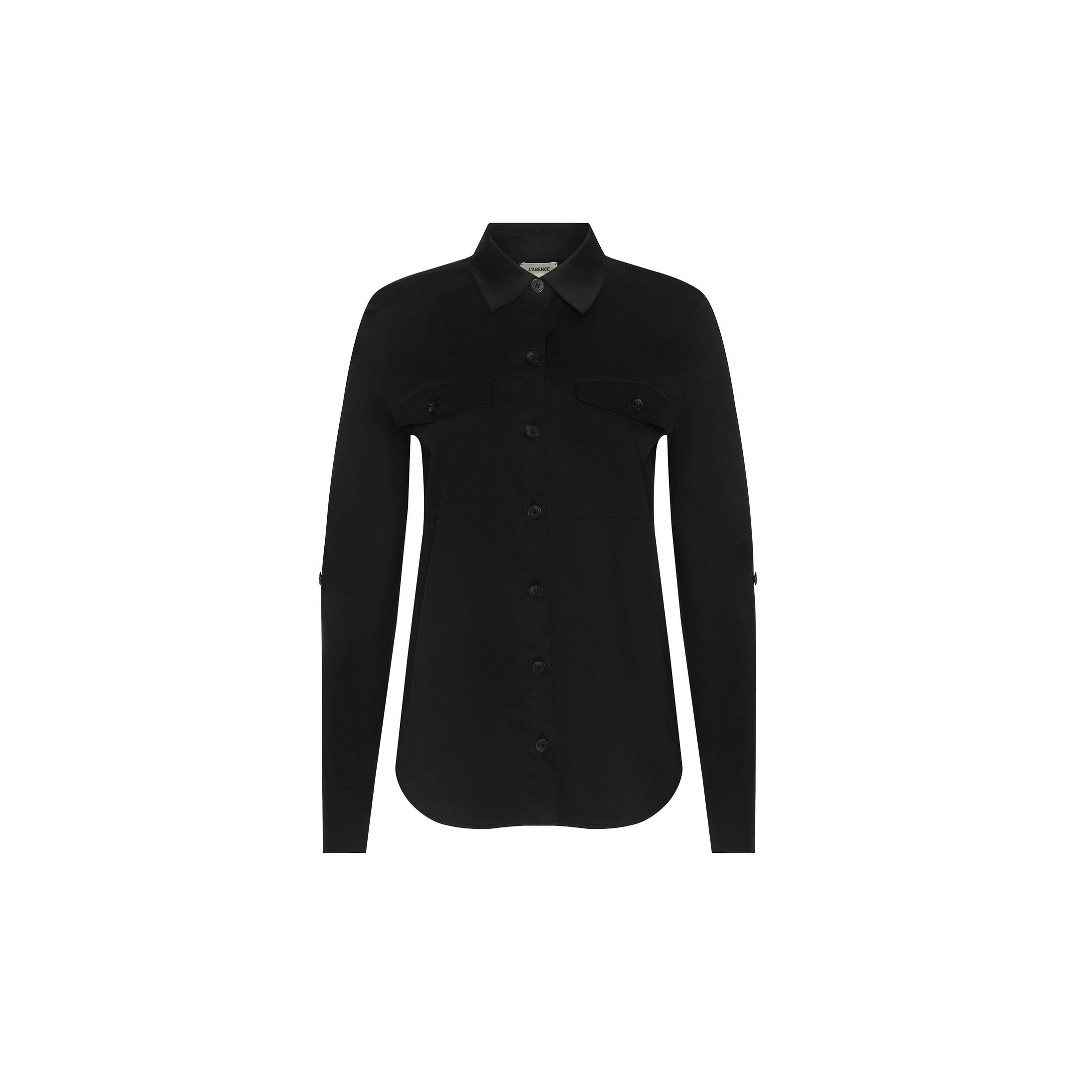 The Pearson Poplin Shirt is a long-sleeve, button-down black shirt with two chest pockets, displayed on a white background.