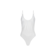 The Gelina Mesh Bodysuit is a white one-piece featuring lightweight mesh, thin adjustable straps, and a slightly ruched gathered front detail, shown against a plain white background.