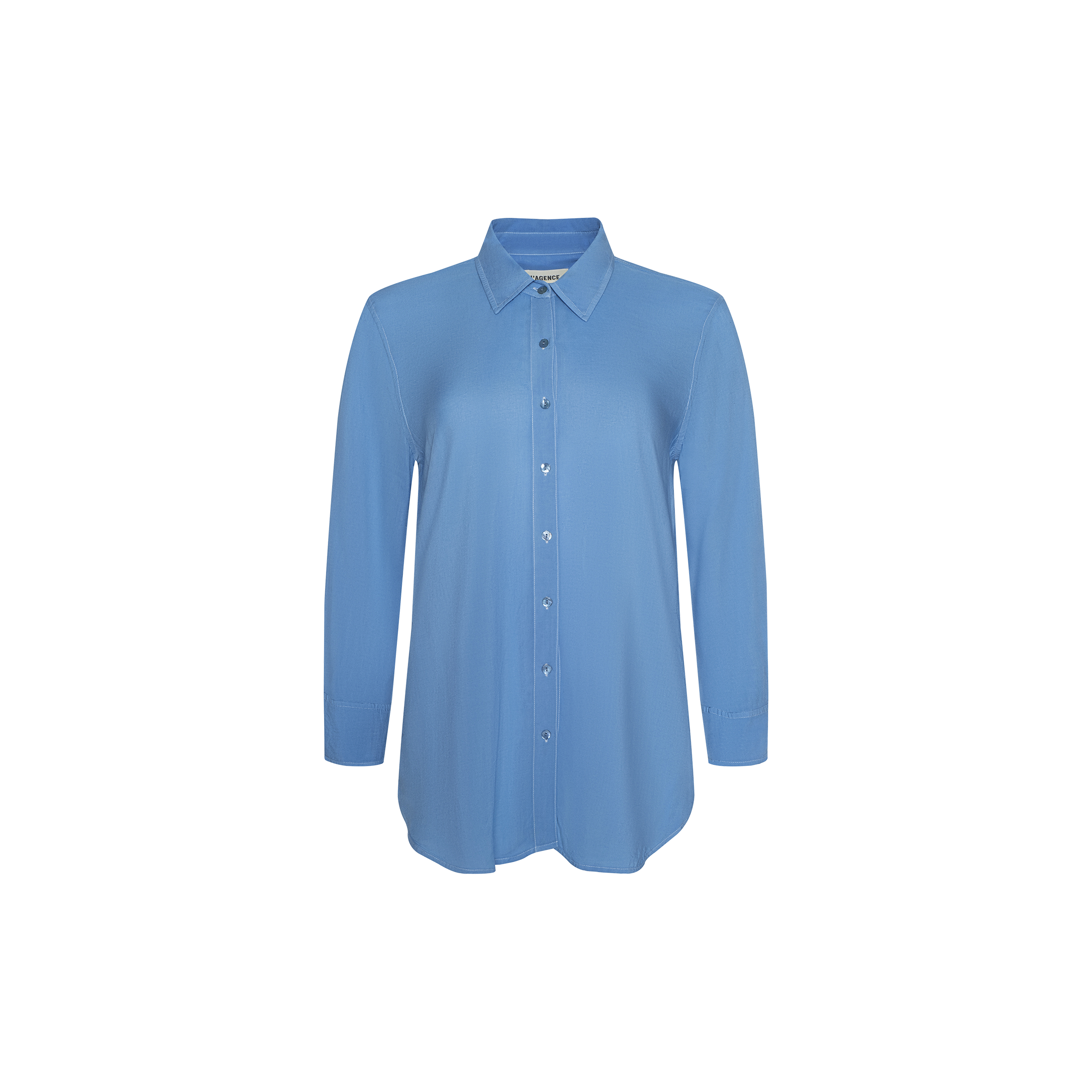 The Marlene Blouse is a long-sleeved, lightweight button-down shirt with a collar and relaxed fit, shown on a plain white background. Perfect for adding everyday polish to your wardrobe.