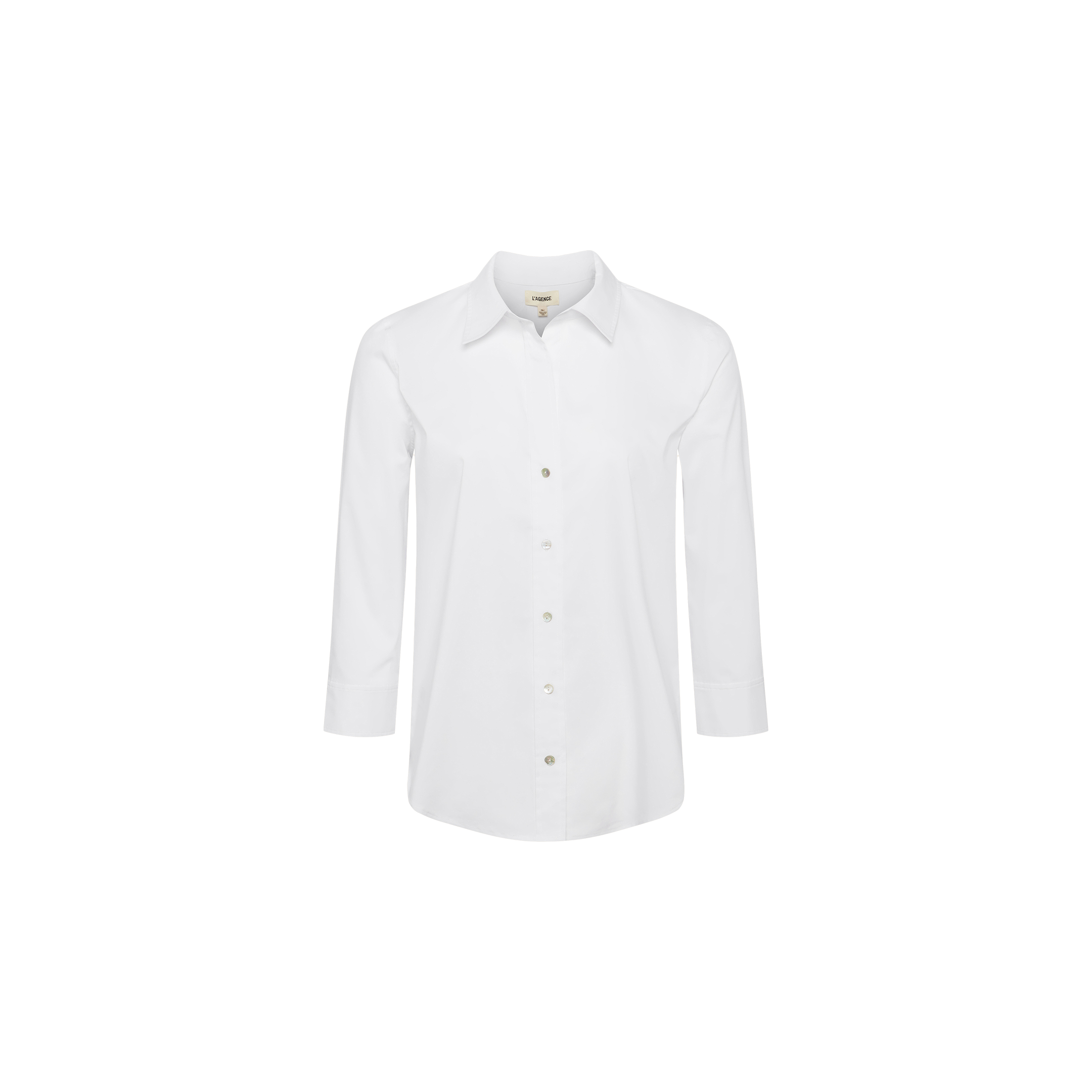 The Daniella Cotton-Blend Blouse is a long-sleeved, button-up shirt with a collar and relaxed fit, crafted from plain white stretch cotton poplin and displayed on a white background.