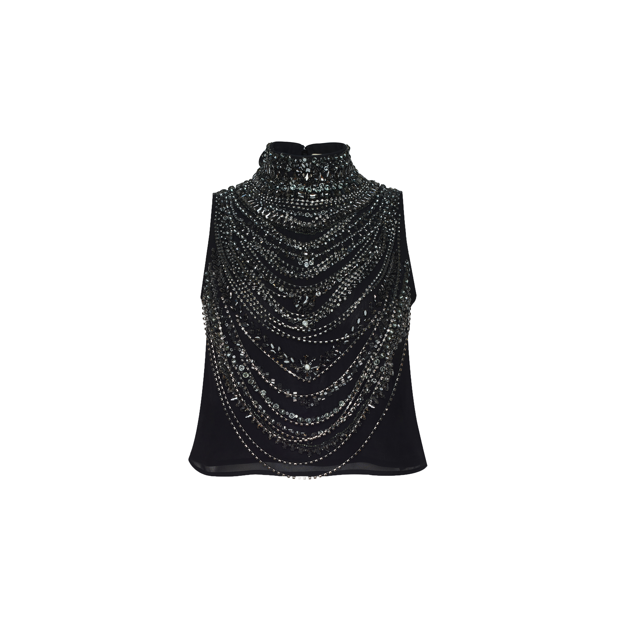 The Yun Draped Crystal Tank is a sleeveless black top, lavishly embellished with layered, sparkling crystal chains that drape across the front and form a high, jeweled neckline. This striking evening piece stands out as a true statement against a plain white background.