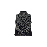 The Yun Draped Crystal Tank is a sleeveless black top, lavishly embellished with layered, sparkling crystal chains that drape across the front and form a high, jeweled neckline. This striking evening piece stands out as a true statement against a plain white background.