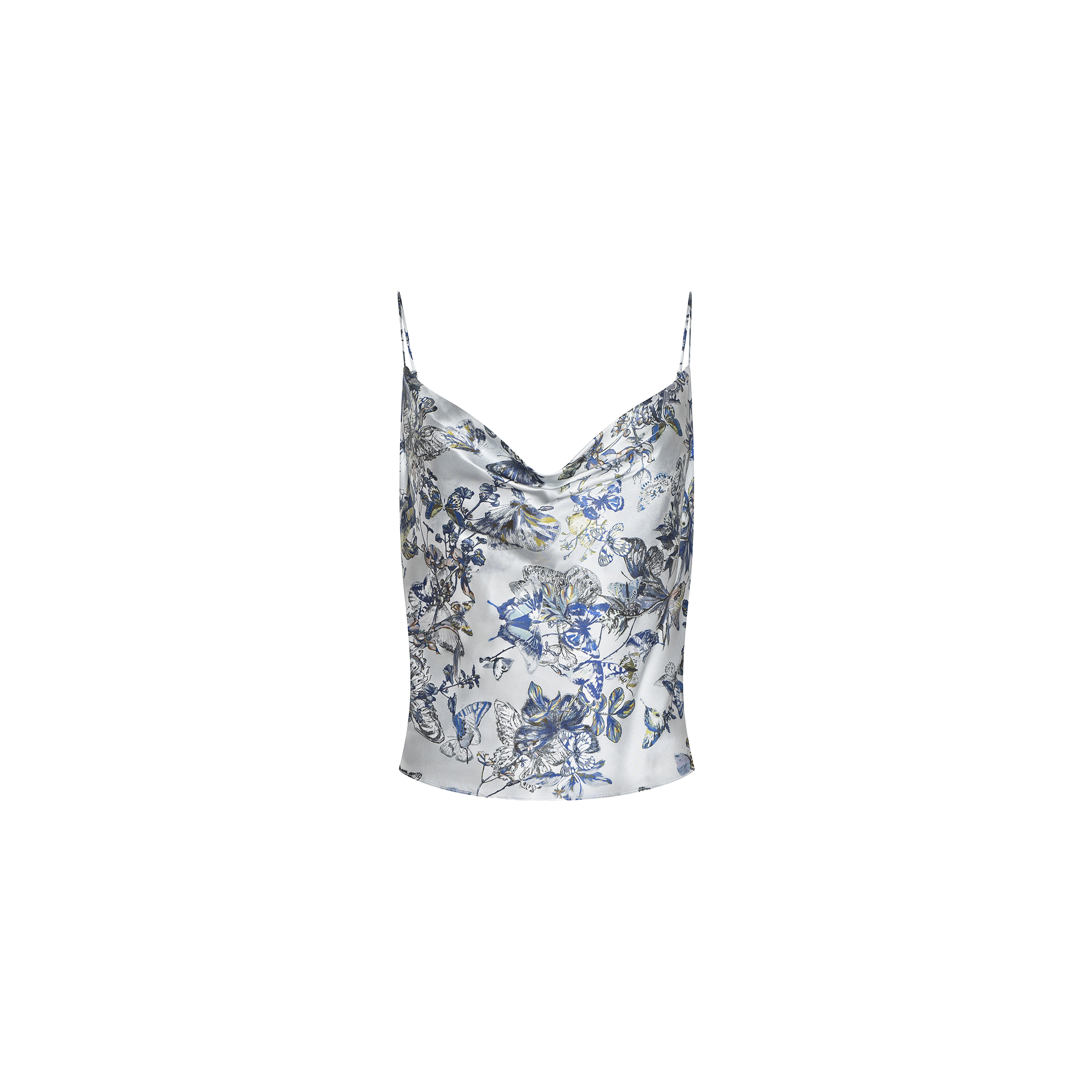 The Calista Silk Camisole features thin straps and a silky fabric adorned with a blue butterfly print and delicate white florals on a light background, displayed on a plain white surface.