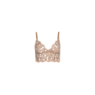 The Aislin Lace Bralette is showcased against a plain white background, featuring thin adjustable straps, a beige floral sheer stretch lace design, and delicate scalloped edges.