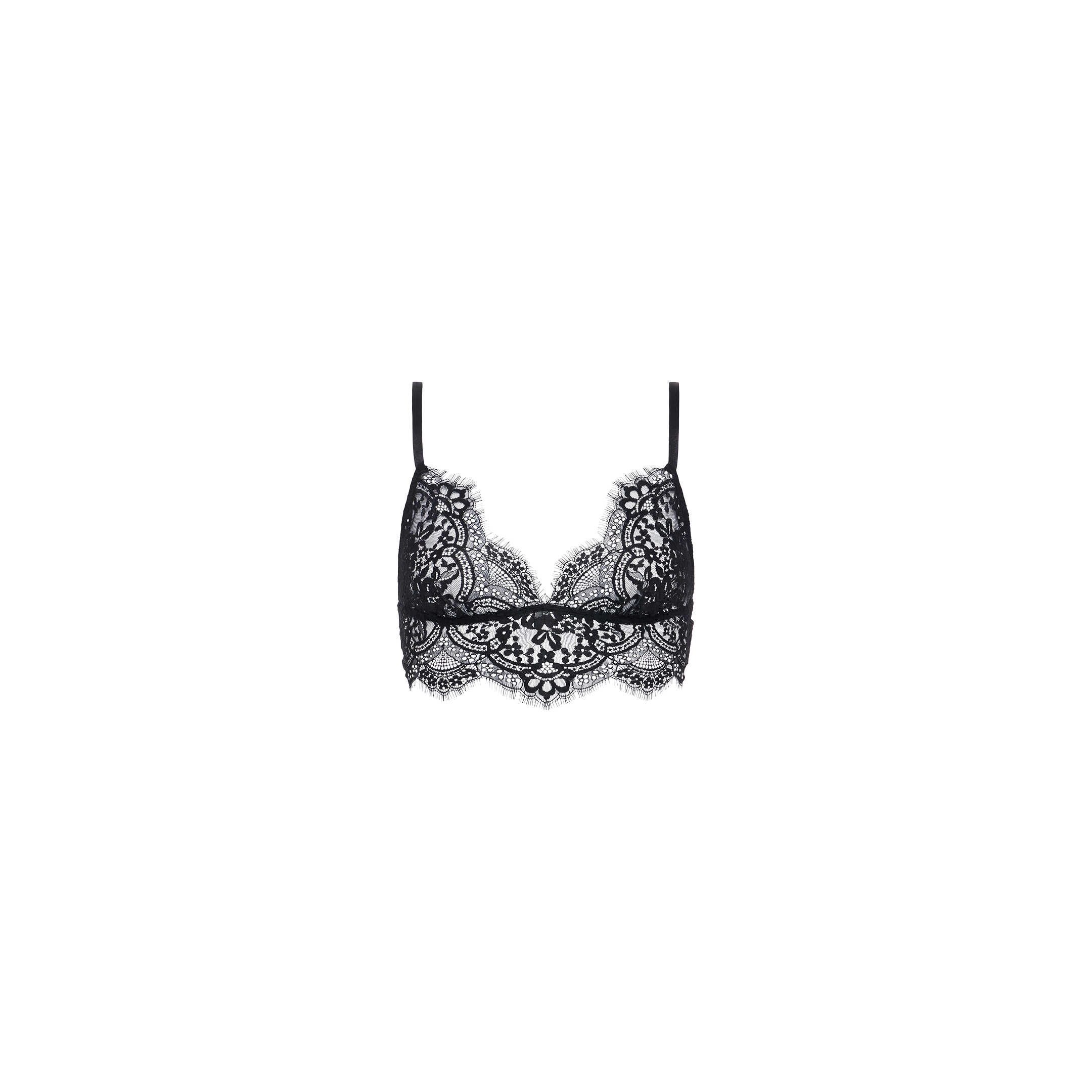 The Aislin Lace Bralette features thin adjustable straps and intricate floral patterns, crafted from sheer stretch lace with delicate scalloped edges, set against a plain white background.
