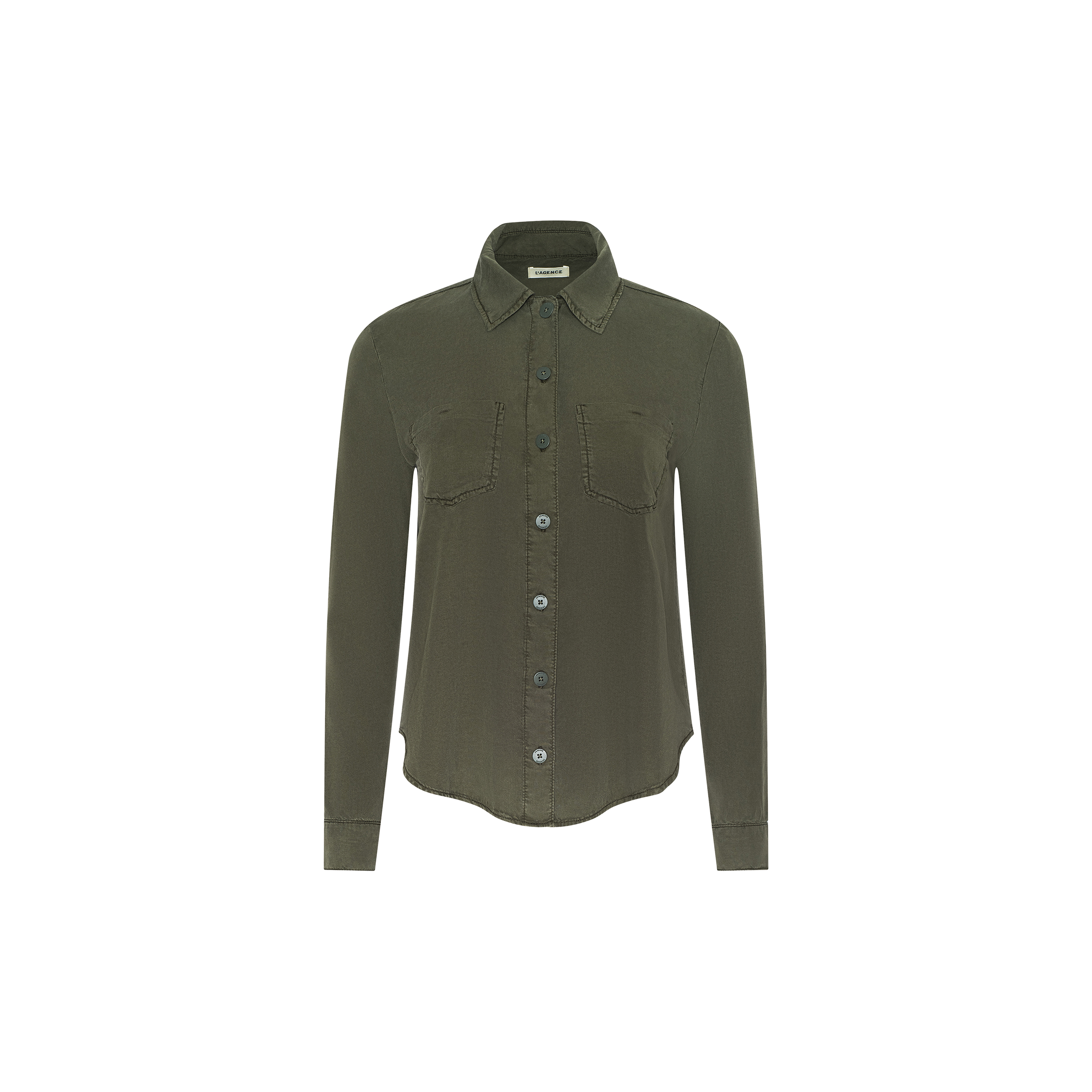 Isla Shirt in olive green featherweight twill, featuring long sleeves, a collared neckline, two chest pockets, and visible stitching, displayed on a white background.