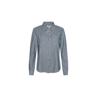 The Isla Shirt by L’AGENCE is a featherweight denim long-sleeve button-up, featuring vertical white pinstripes and two chest pockets in an indigo wash, showcased against a plain white background.