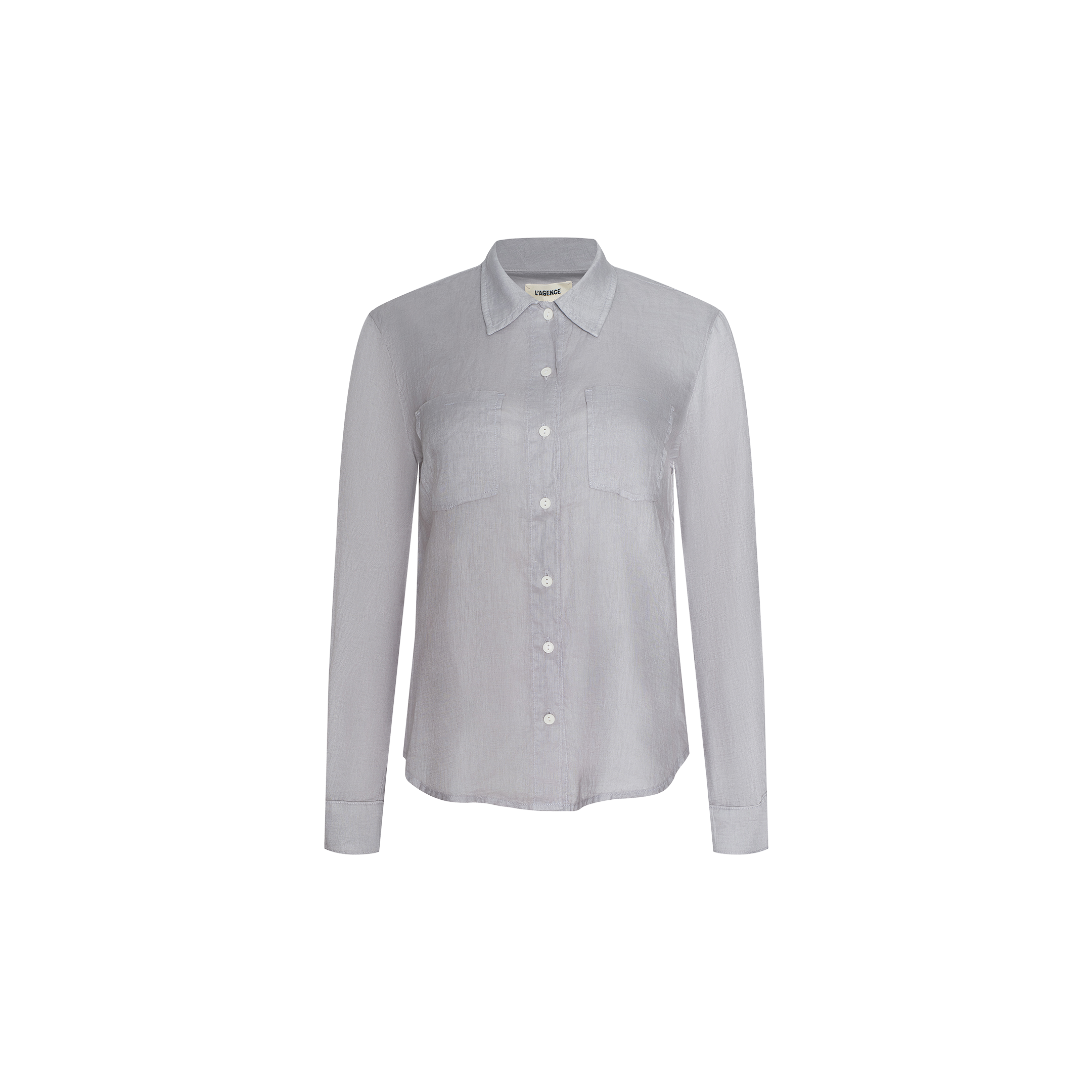 The Isla Linen Shirt is a light grey, long-sleeve button-down with a collar and two chest pockets, shown against a plain white background.