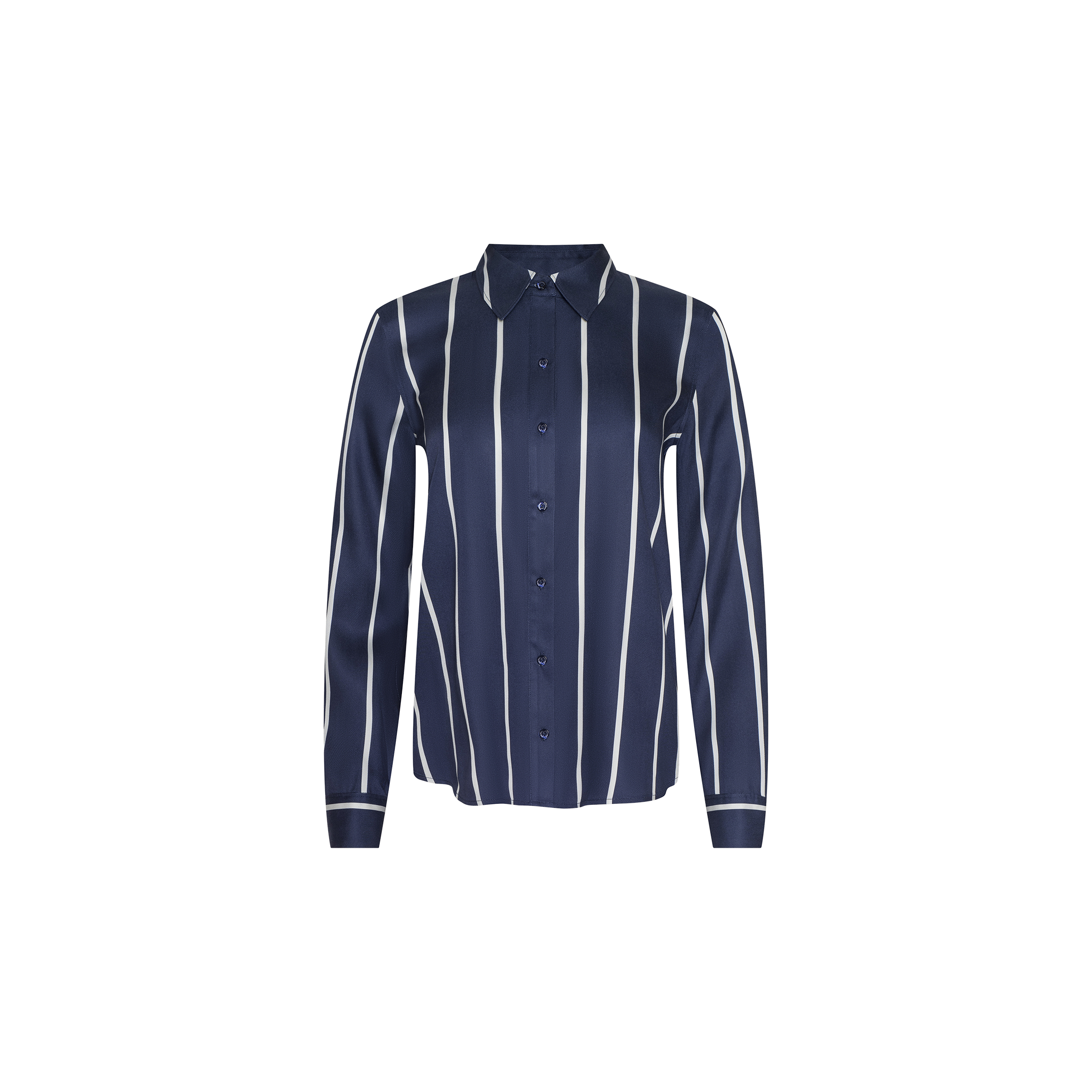 The Ellery Shirt is a long-sleeve, navy blue button-down with white vertical stripes and a classic collar, crafted from lightweight tencel for a relaxed fit and shown against a plain white background.