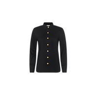 The Ellery Button-Down Shirt is a black, long-sleeve blouse featuring a collared neckline and gold buttons. Designed in a relaxed fit, this shirt is showcased against a plain white background.