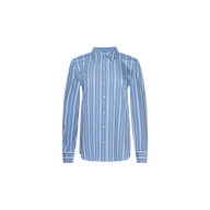 Ellery Poplin Shirt in blue and white vertical stripes, featuring a collar, long sleeves, button-down front, and a relaxed fit, shown on a plain white background.