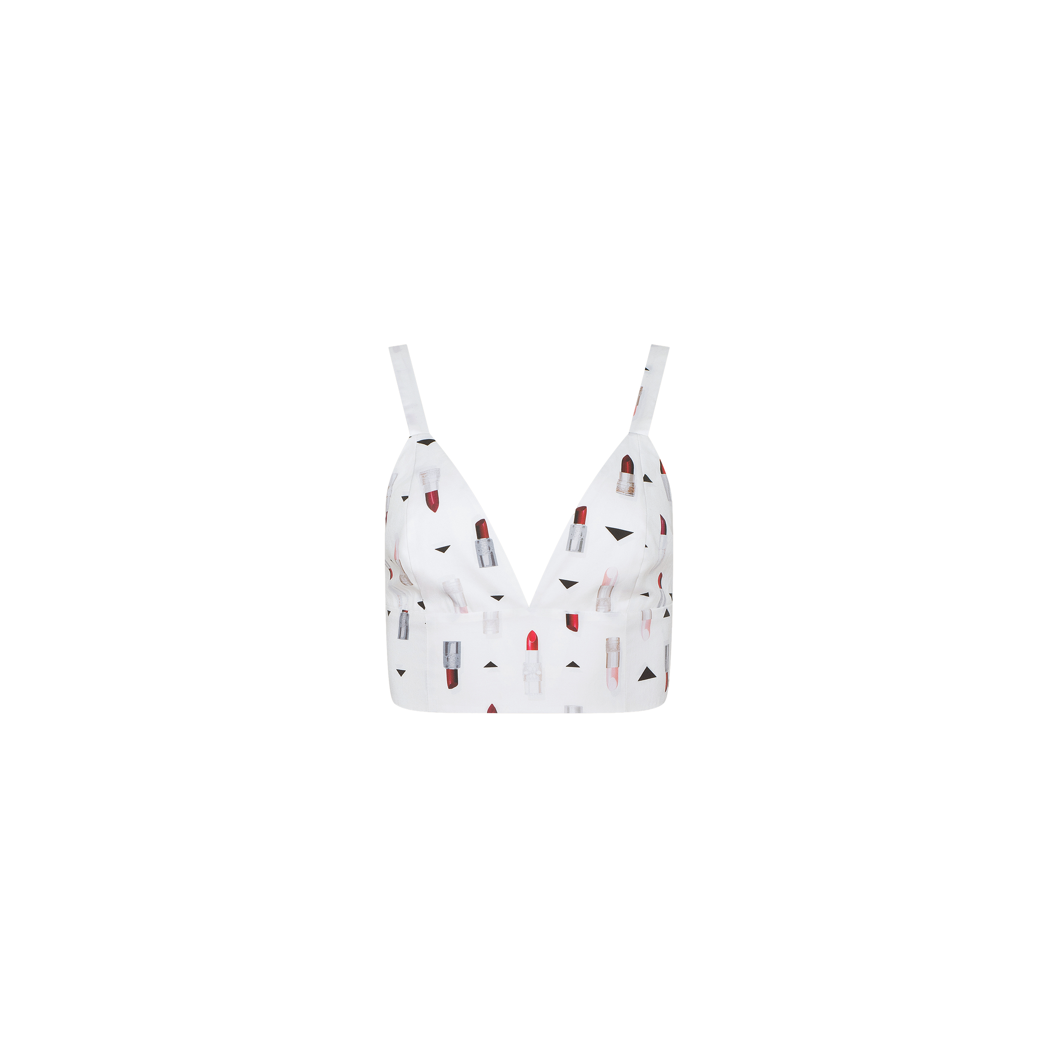 Kaori Bralette Top featuring thin straps and a colorful lipstick print pattern on the fabric, with a comfortable wide band, displayed against a plain white background.