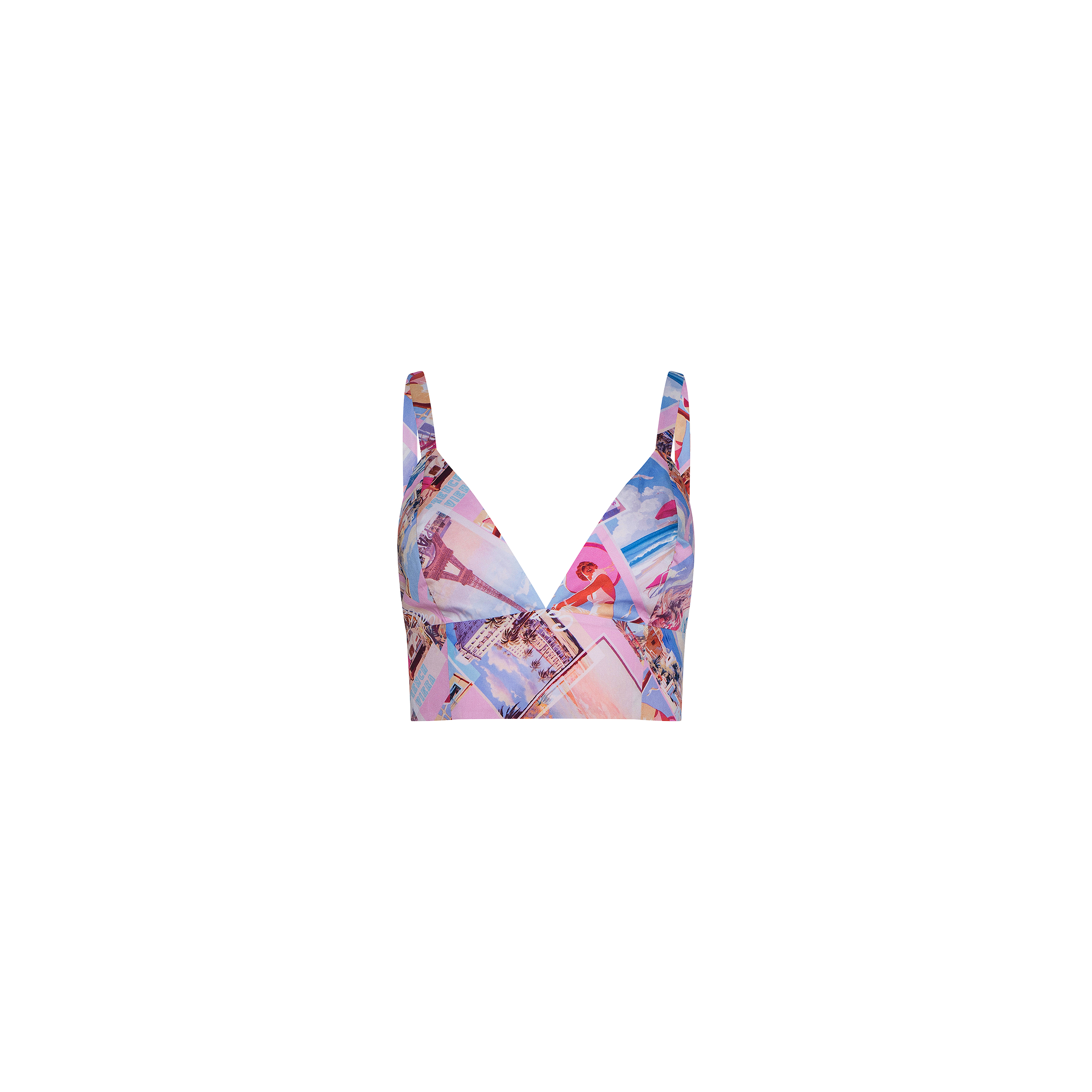 Kaori Bralette Top with a deep V-neck and wide straps, showcasing a postcard print collage in pink, blue, and purple tones on a white cotton-blend poplin background.