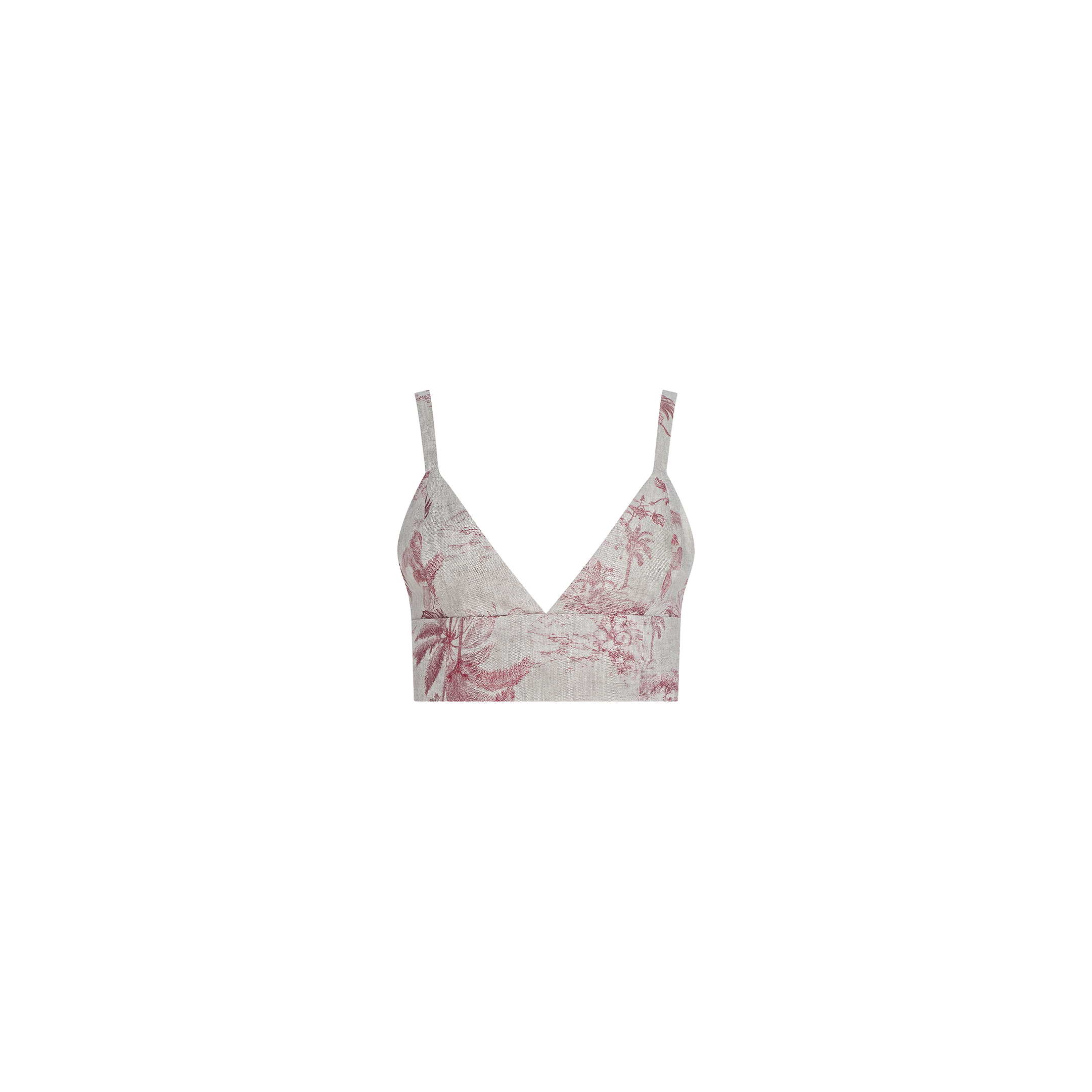 The Kaori Linen Bralette Top is a cropped, sleeveless style with thin straps and a deep V-neckline, crafted from light-colored linen featuring a muted pink jungle toile print on a plain white background.