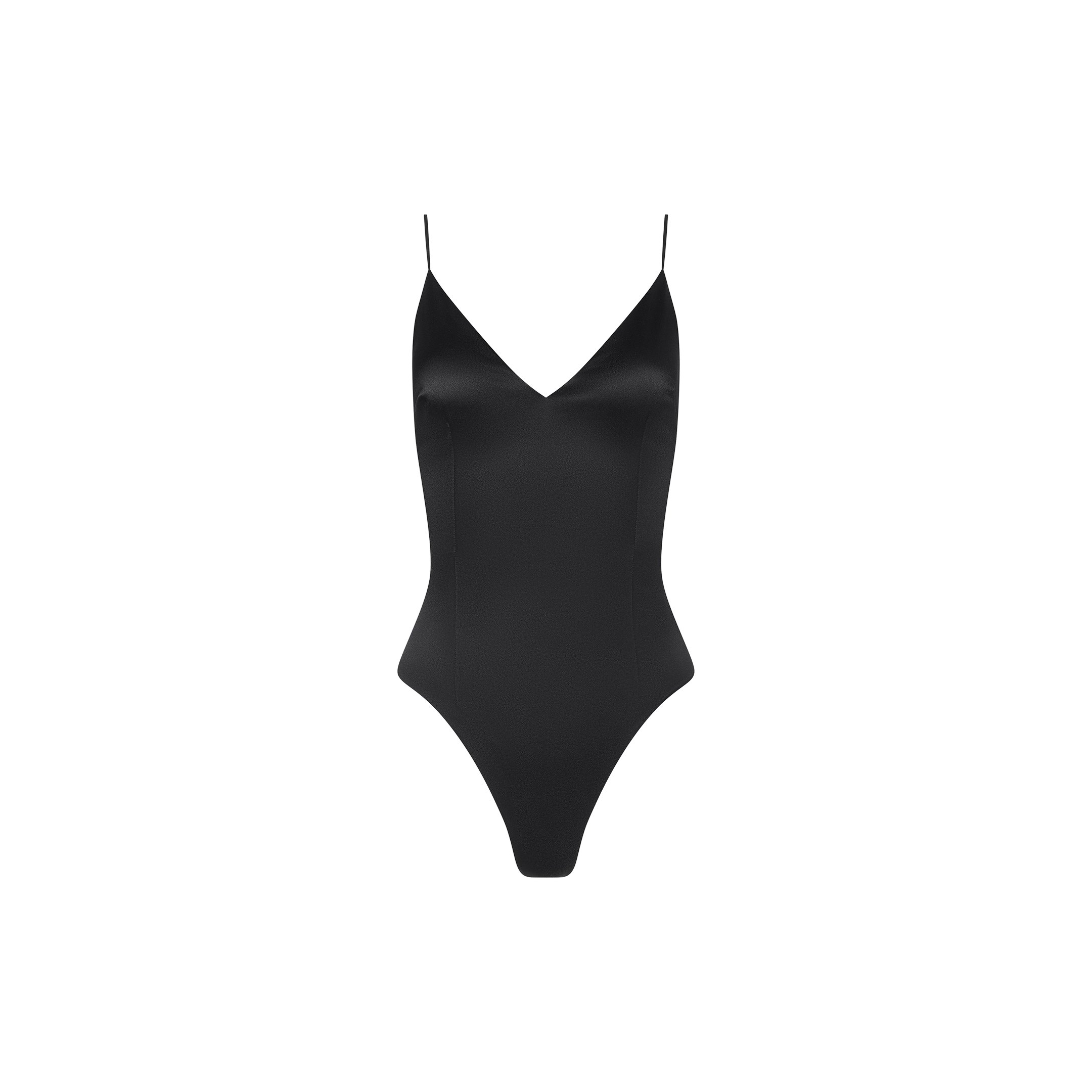 The Dara Stretch-Satin Bodysuit, a black sleeveless design with thin adjustable straps and a V-neckline, reminiscent of a sleek black satin top, is displayed against a plain white background.
