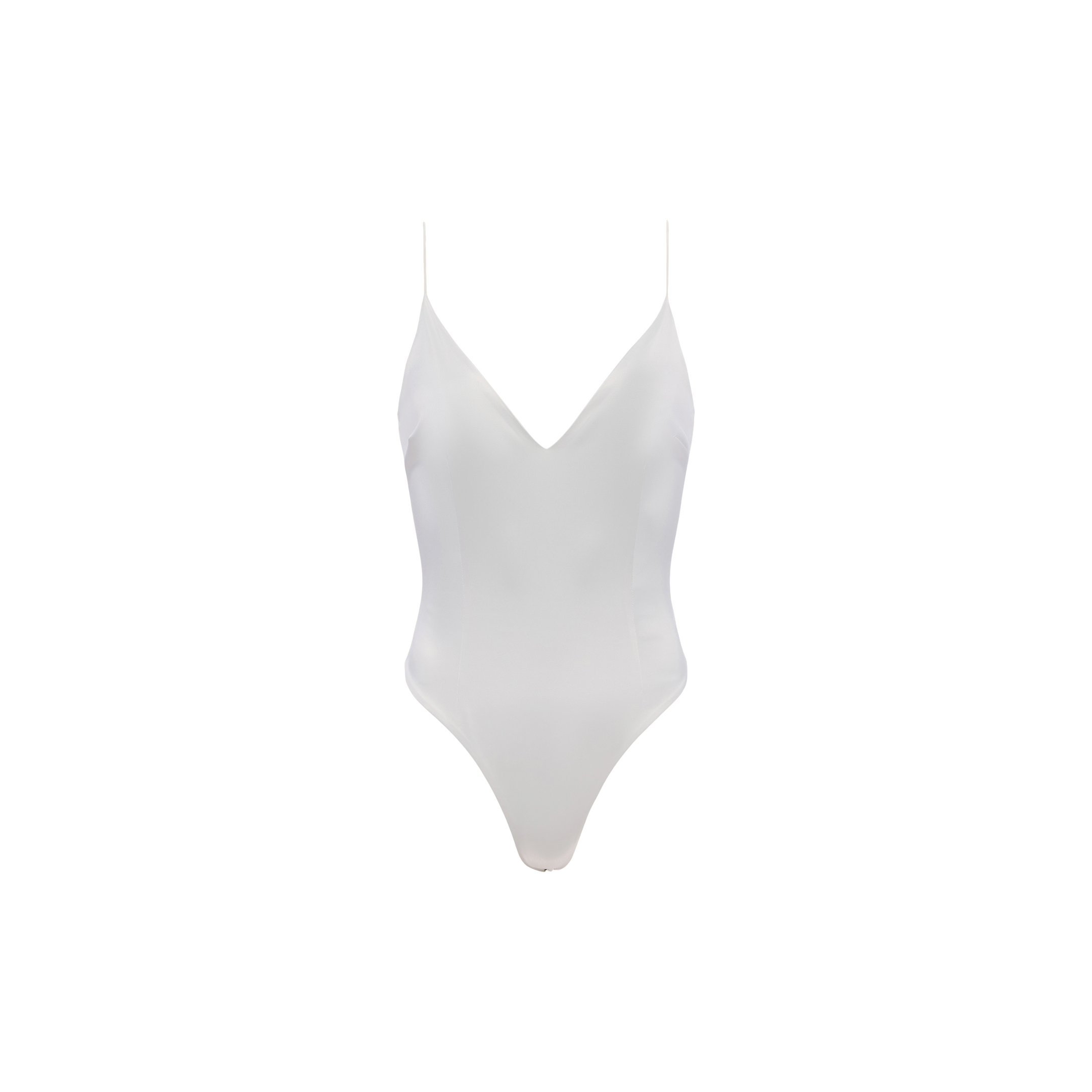 The Dara Stretch Satin Bodysuit is a plain white one-piece featuring thin adjustable shoulder straps and a deep V-neckline, displayed on a white background.