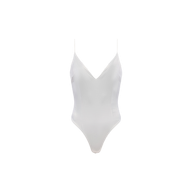 The Dara Stretch Satin Bodysuit is a plain white one-piece featuring thin adjustable shoulder straps and a deep V-neckline, displayed on a white background.