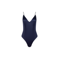 The Dara Stretch-Satin Bodysuit in dark blue features adjustable thin shoulder straps, a plunging neckline, and high-cut legs, shown against a plain white background.