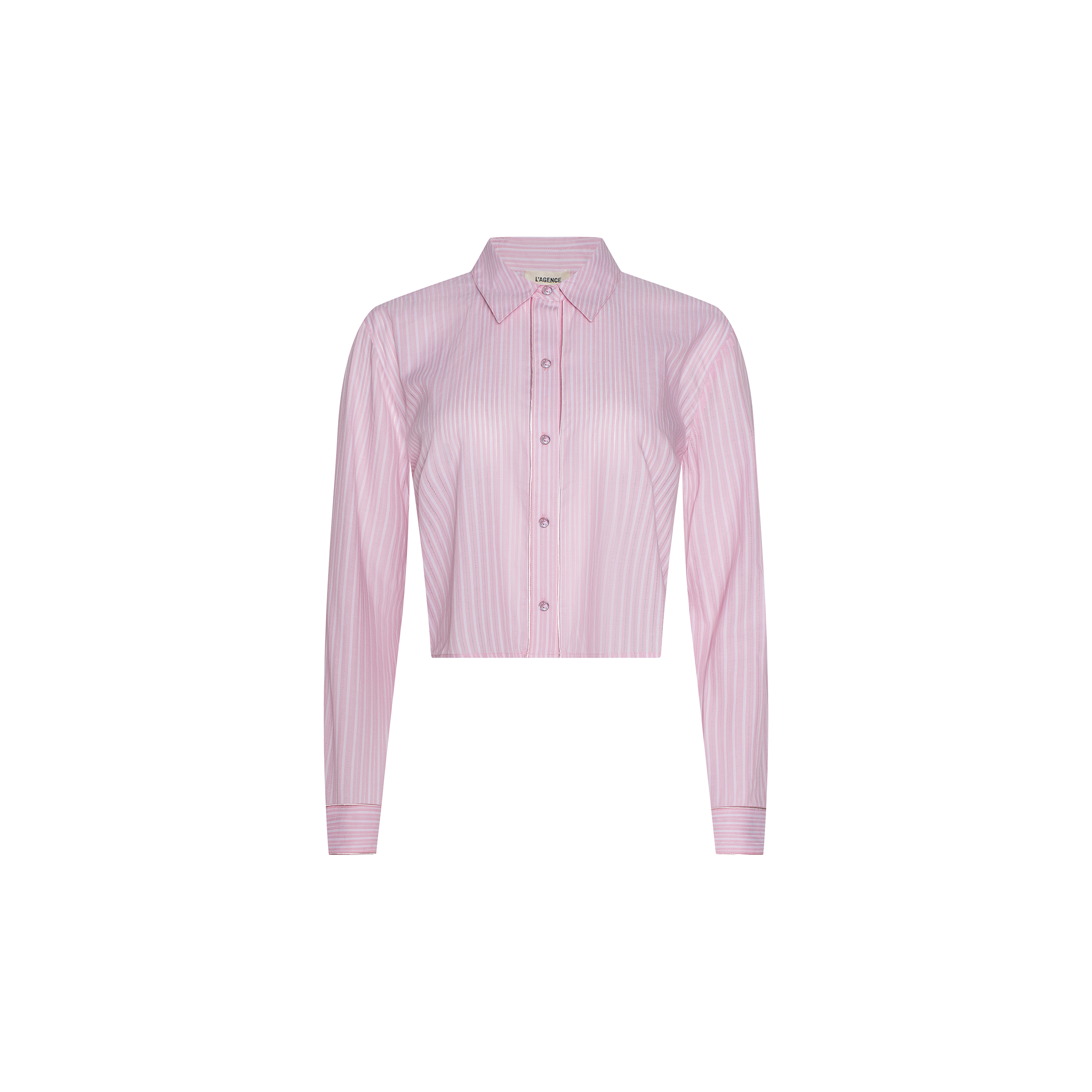 The Cosette Shirt, featuring pink and white vertical stripes, long sleeves, a collared neckline, and a jacquard poplin button-up design, is displayed on a plain white background.