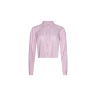 The Cosette Shirt, featuring pink and white vertical stripes, long sleeves, a collared neckline, and a jacquard poplin button-up design, is displayed on a plain white background.
