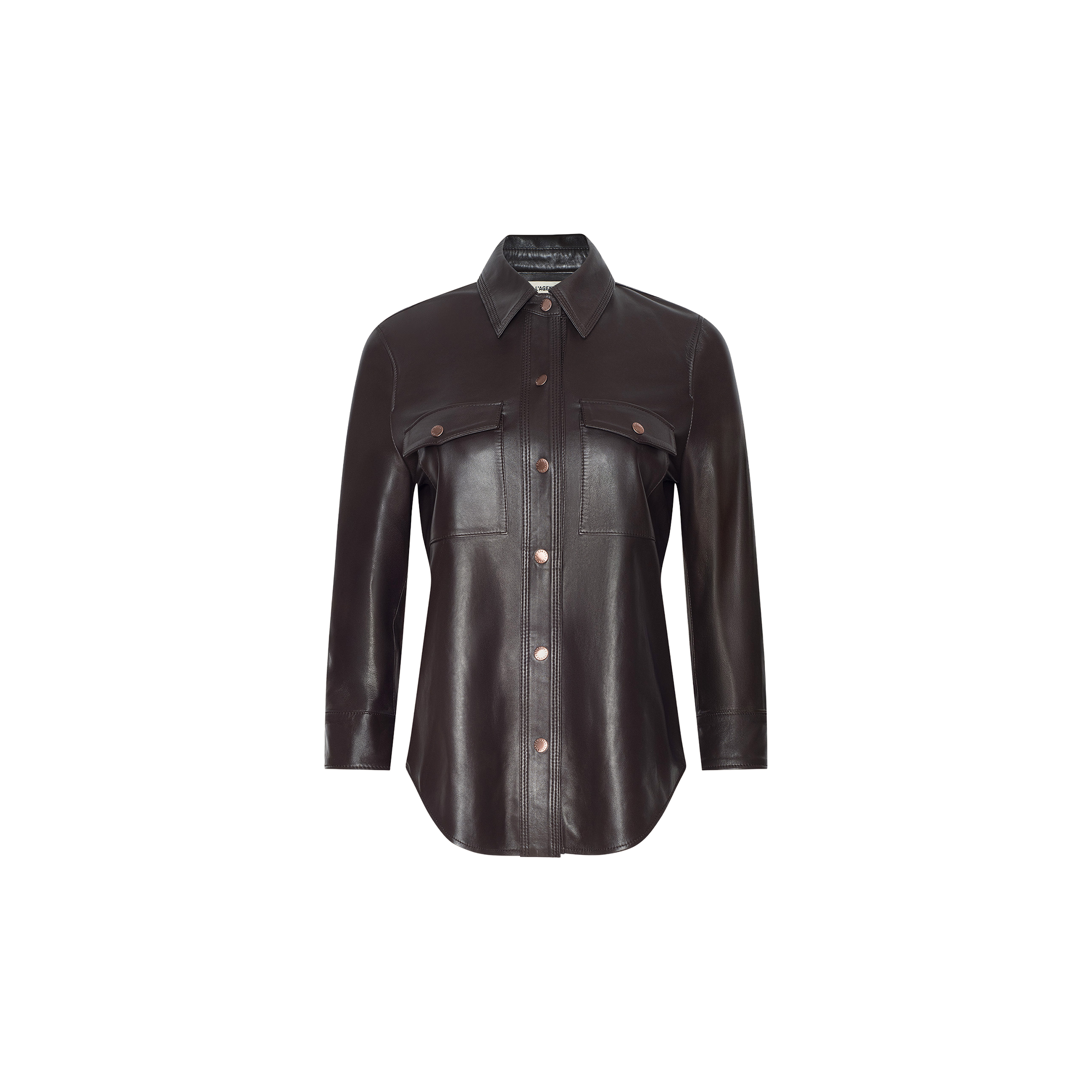The Avina Leather Shirt, shown in coffee brown and crafted from lightweight leather, features long sleeves, chest pockets, and a pointed collar; it is displayed against a plain white background.