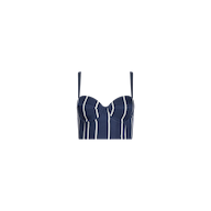 The Sonya Bustier, featuring vertical white stripes on a navy background, structured underwire cups, and thin adjustable shoulder straps, is displayed on a plain white background.
