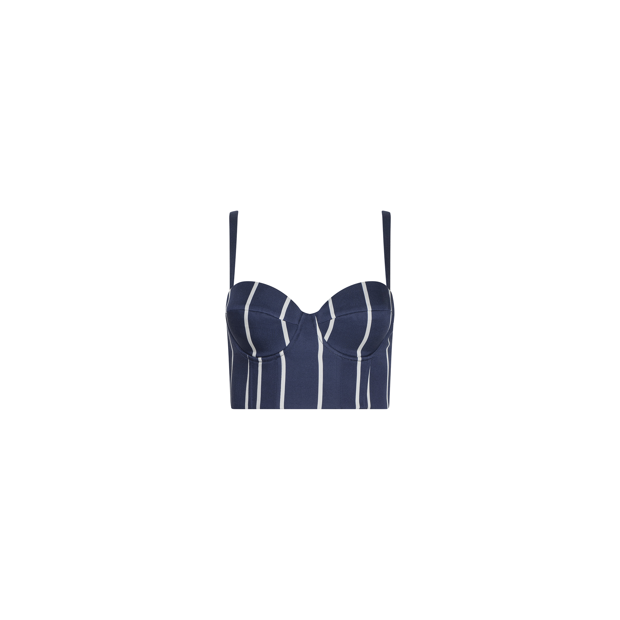 The Sonya Bustier, featuring vertical white stripes on a navy background, structured underwire cups, and thin adjustable shoulder straps, is displayed on a plain white background.