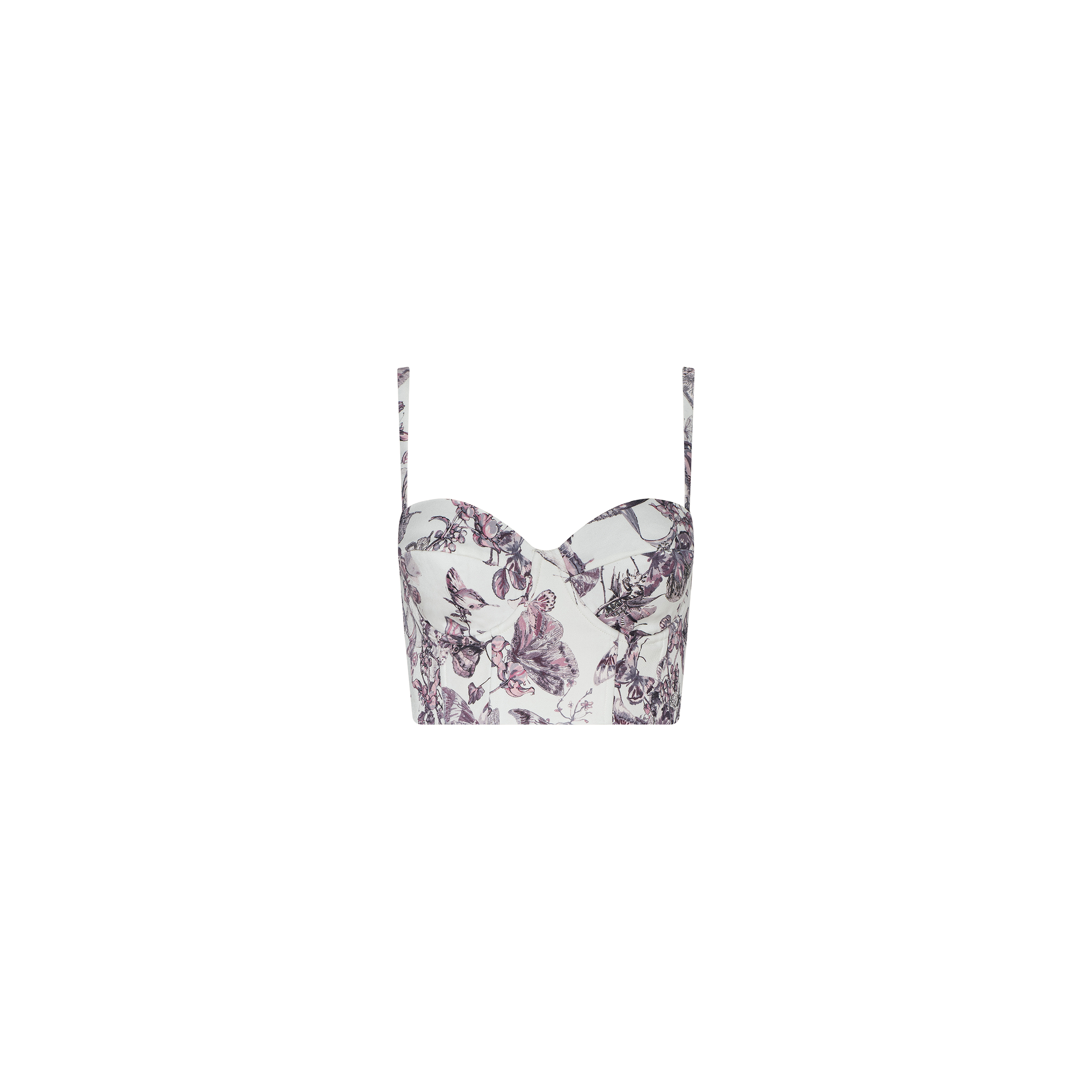 The Sonya Bustier is a white bustier top with thin straps, adorned with a purple floral and butterfly print, featuring padded underwire for added support, and shown against a plain white background.