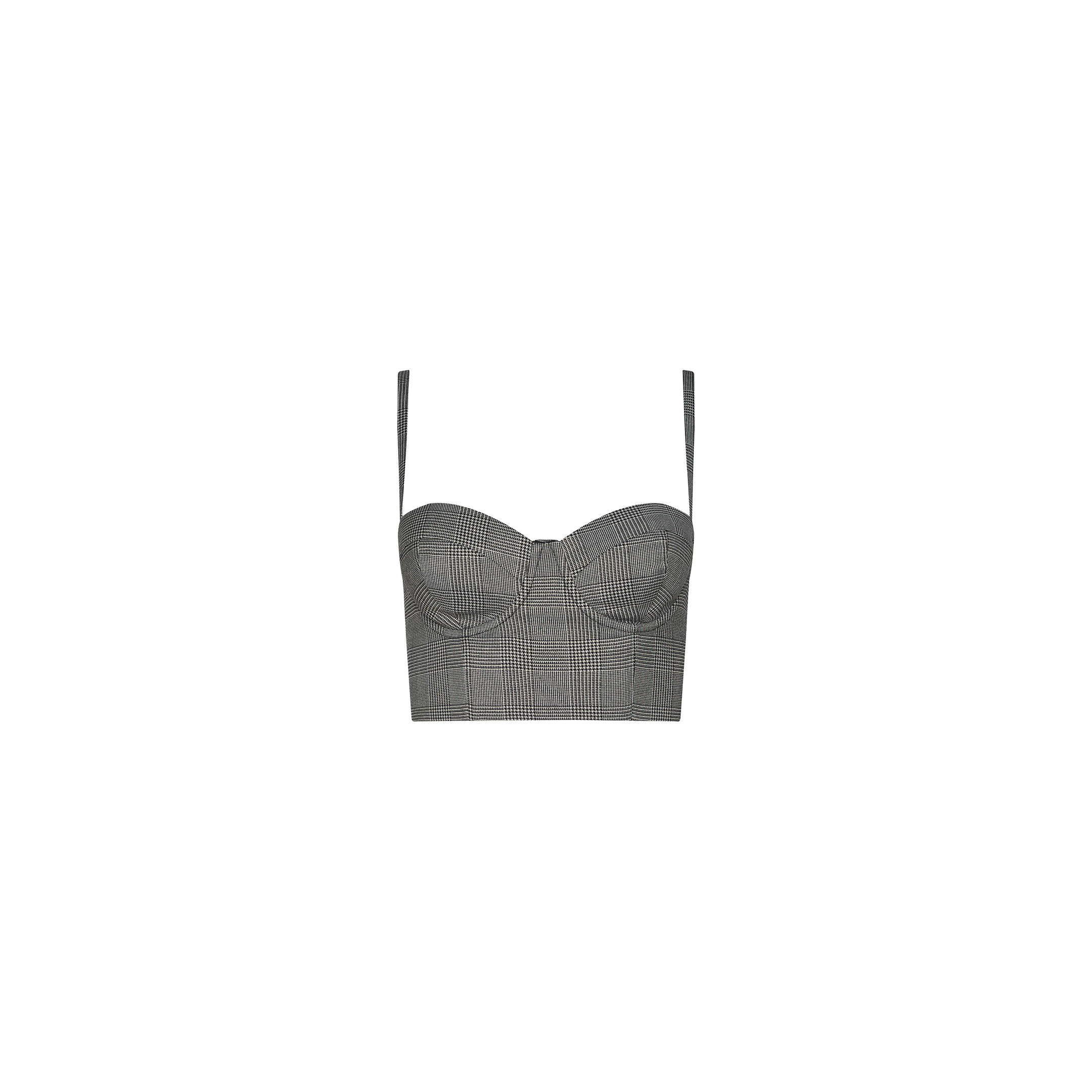 The Sonya Bustier, featuring a gray plaid pattern with adjustable straps, structured cups, and a fitted design, is displayed on a plain white background.