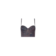 The Sonya Bustier is a cropped top with thin straps, showcasing a navy paisley pattern on a fitted silhouette with built-in support, displayed against a plain white background.