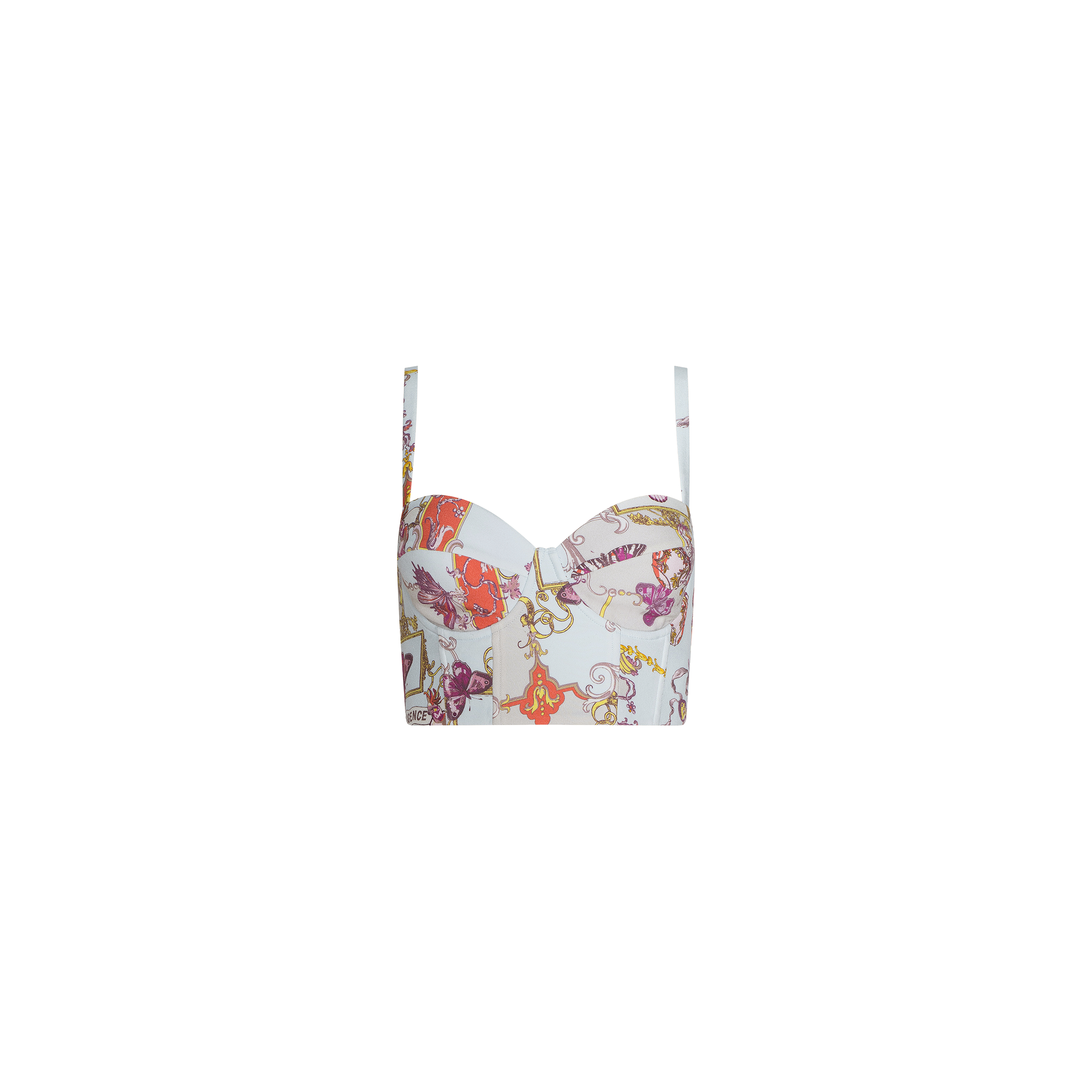 The Sonya Bustier is a cropped top with thin straps, crafted from lightweight twill and adorned with a colorful baroque toile print featuring chains, ropes, and animal motifs on a light background.