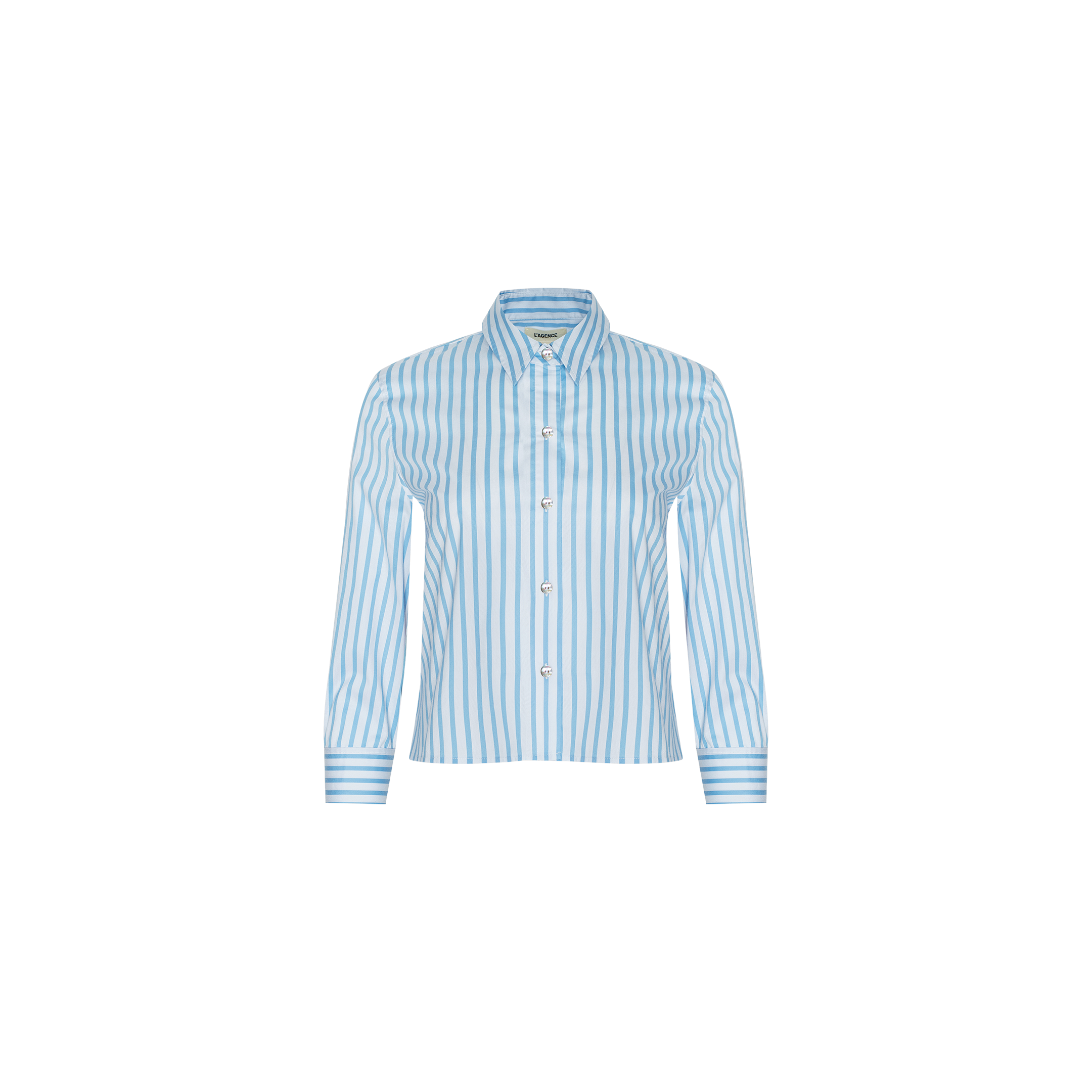 Fawn Beach Print Shirt featuring light blue and white vertical stripes, a button-up front, long sleeves, and a collar, crafted from organic cotton and presented on a plain white background.