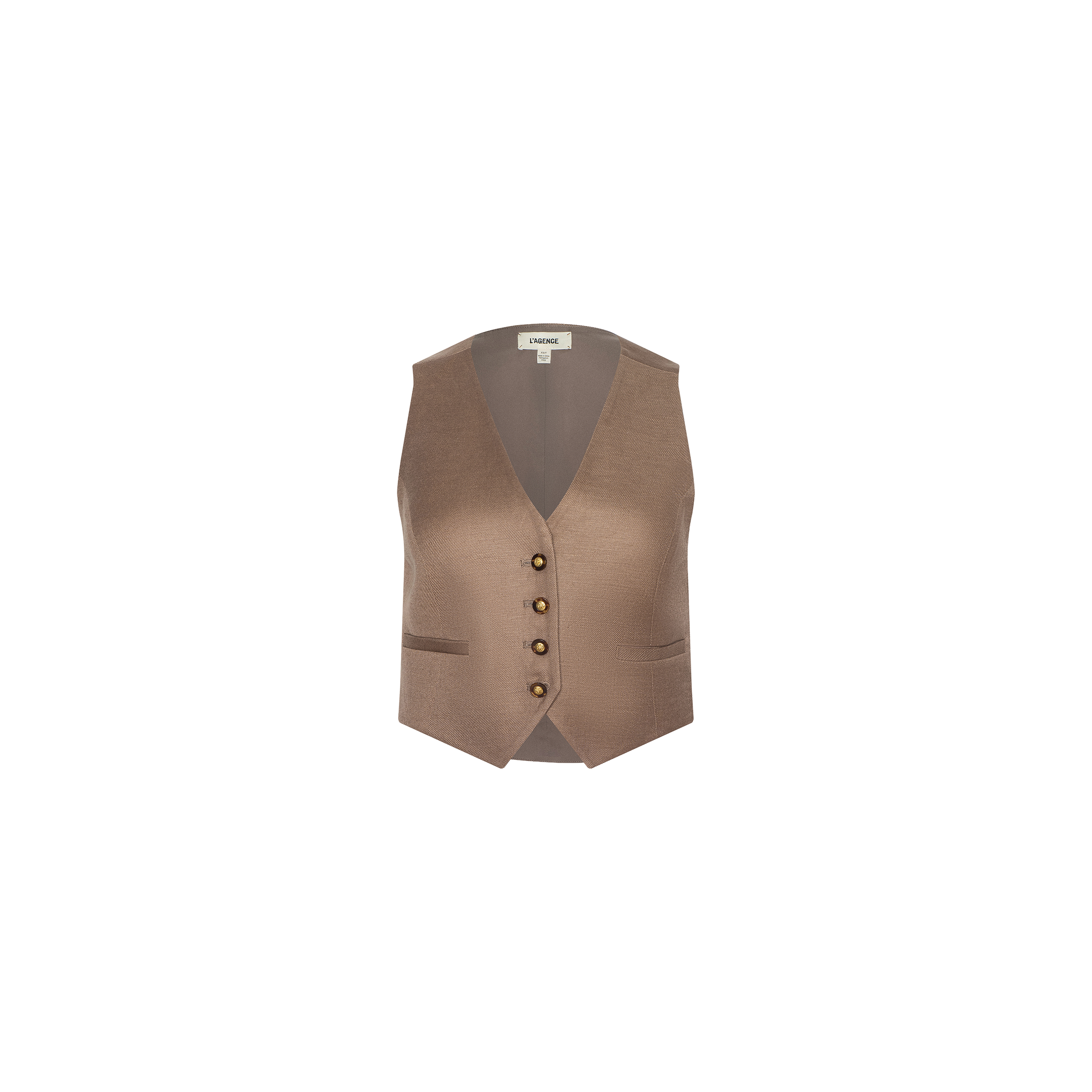 The Jianna Vest is a sleeveless linen vest in a taupe shade, featuring a V-neckline, four brown buttons down the front, and two small pockets. Shown against a plain white background, this minimalist piece offers a refined and timeless look.