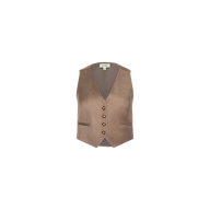 The Jianna Vest is a sleeveless linen vest in a taupe shade, featuring a V-neckline, four brown buttons down the front, and two small pockets. Shown against a plain white background, this minimalist piece offers a refined and timeless look.