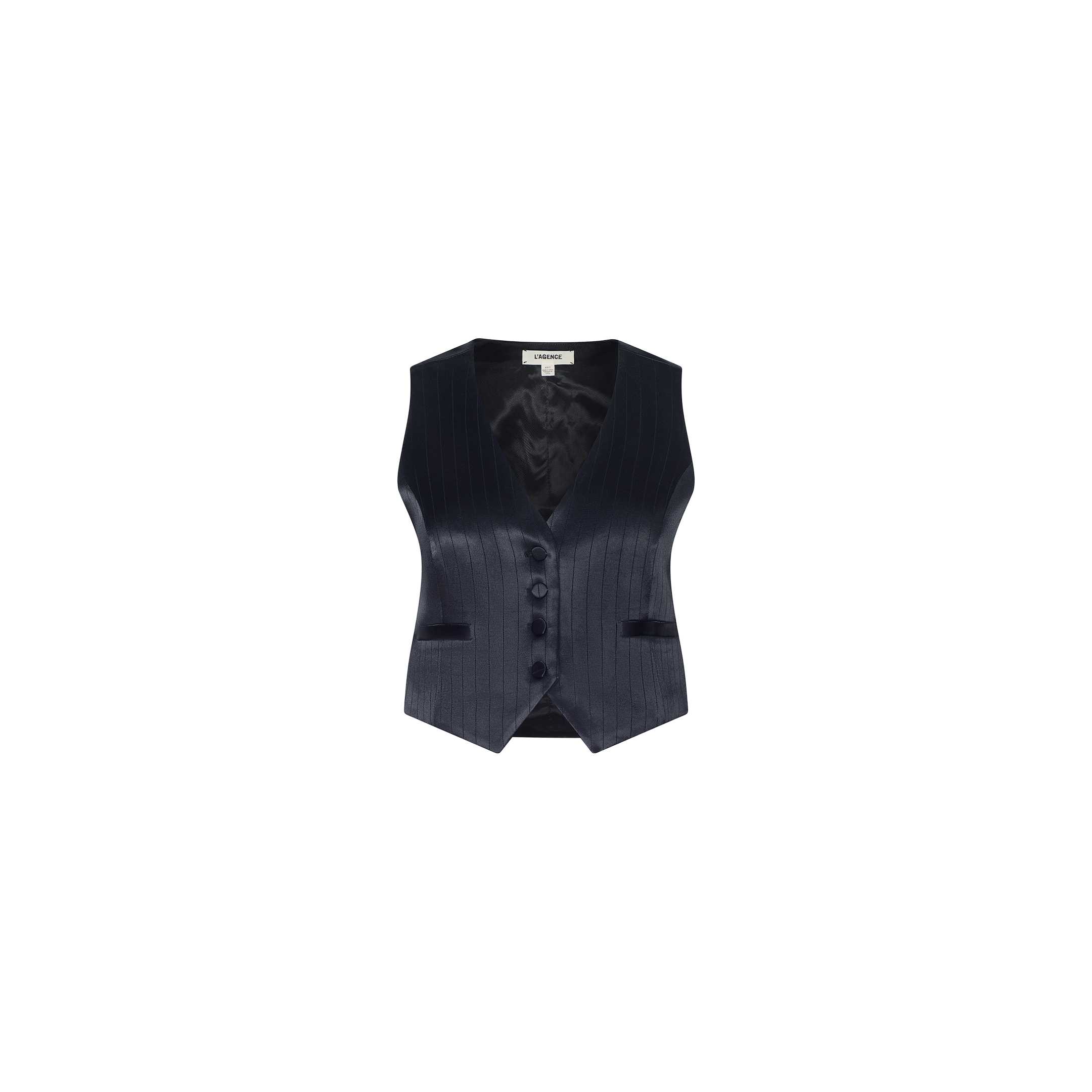 The Jianna Vest—a dark navy, minimalist, suiting-inspired pinstriped sleeveless vest featuring a deep V-neck, satin finish, and three covered buttons down the front—is displayed on a white background.