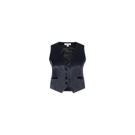 The Jianna Vest—a dark navy, minimalist, suiting-inspired pinstriped sleeveless vest featuring a deep V-neck, satin finish, and three covered buttons down the front—is displayed on a white background.