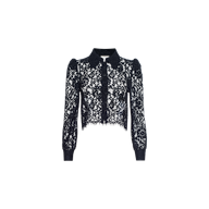 The Anita Lace Blouse is a black, long-sleeve button-down blouse with a collar, crafted from see-through floral lace. It features a delicate floral pattern, puffed shoulders, scalloped hem, and offers a fitted silhouette.