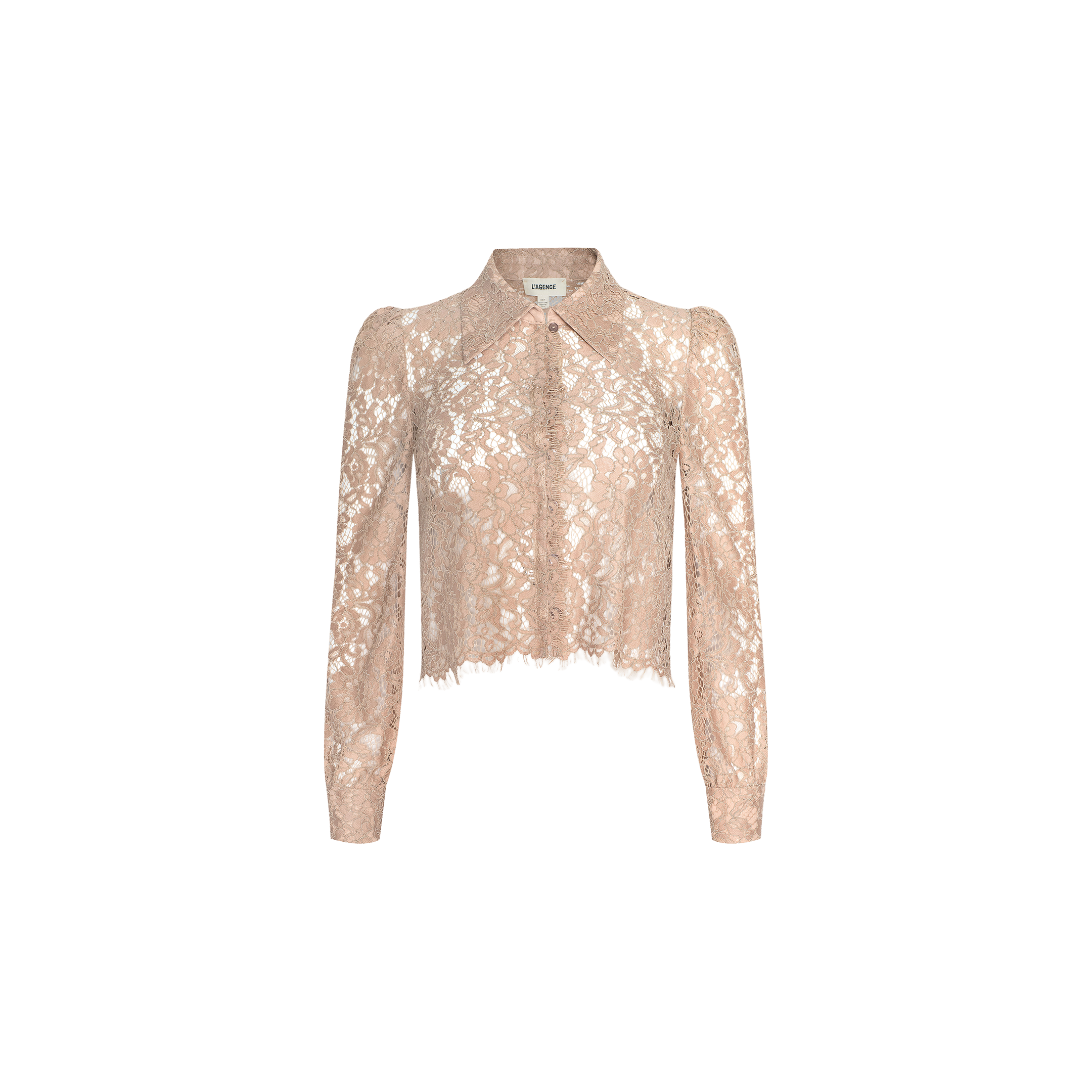 The Anita Lace Blouse is a sheer, long-sleeve floral lace top in light pink, featuring a collared neckline, button-down front, and scalloped hem, shown against a plain white background.