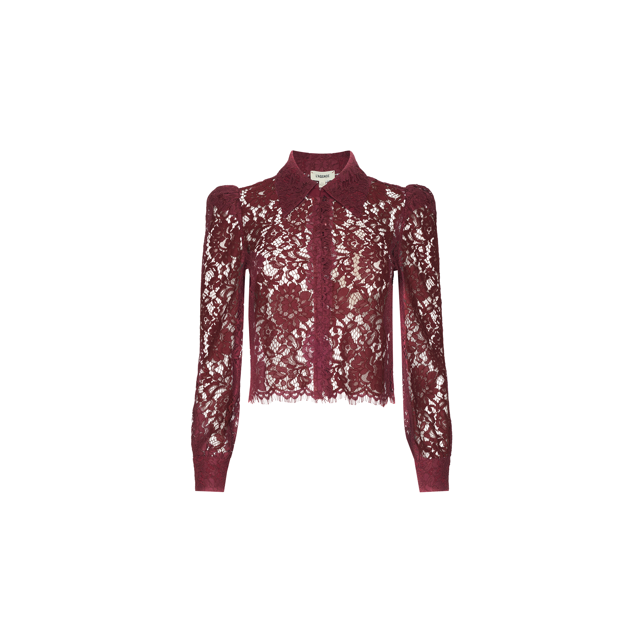 The Anita Lace Blouse is a romantic, long-sleeved burgundy lace blouse with a collar and button-down front, featuring intricate floral patterns and a scalloped hem, displayed on a white background.