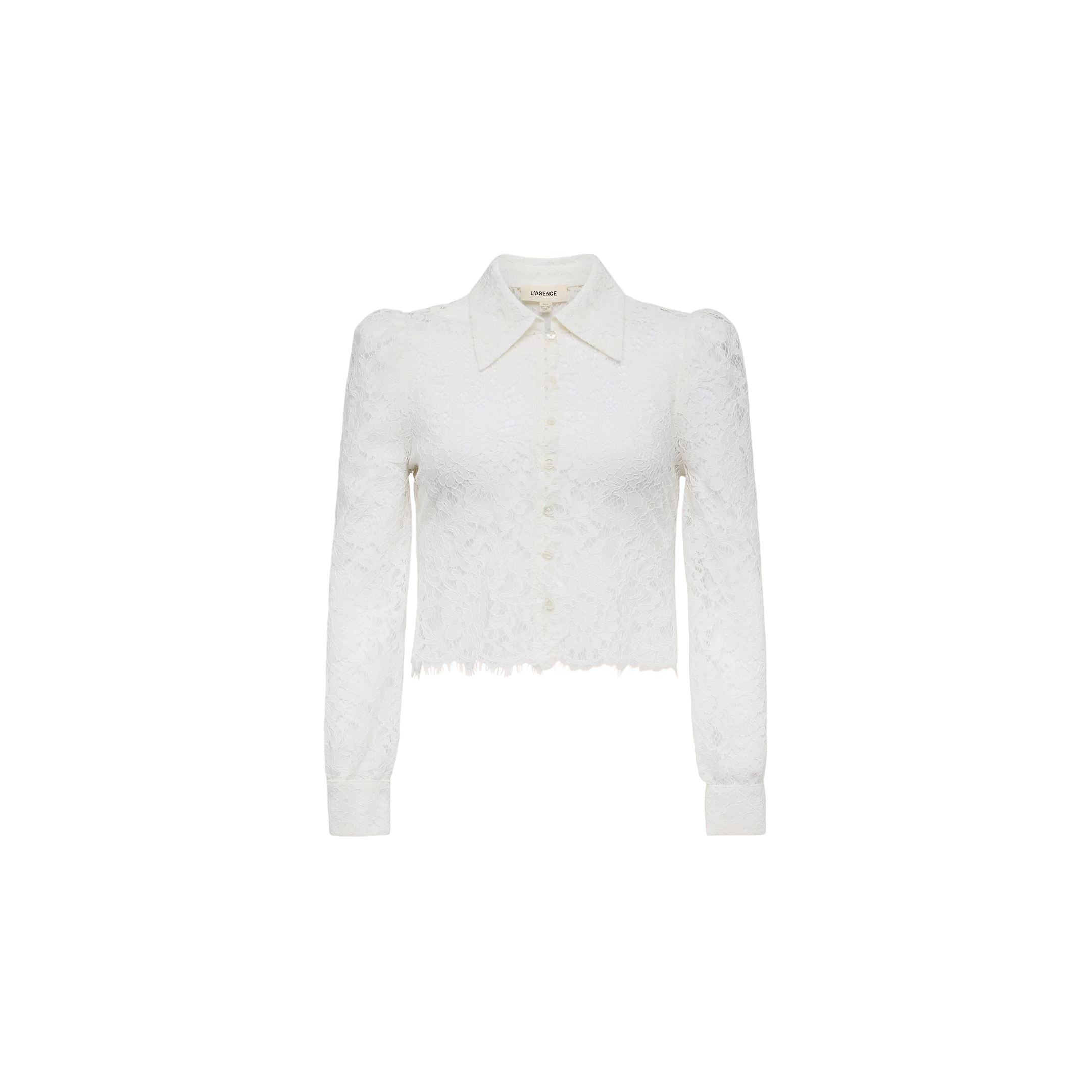 Introducing the Anita Lace Blouse—a white, long-sleeve top with a collared neckline, button-down front, and cropped hem. This romantic blouse showcases a delicate floral lace pattern and fitted cuffs for an elegant finish.