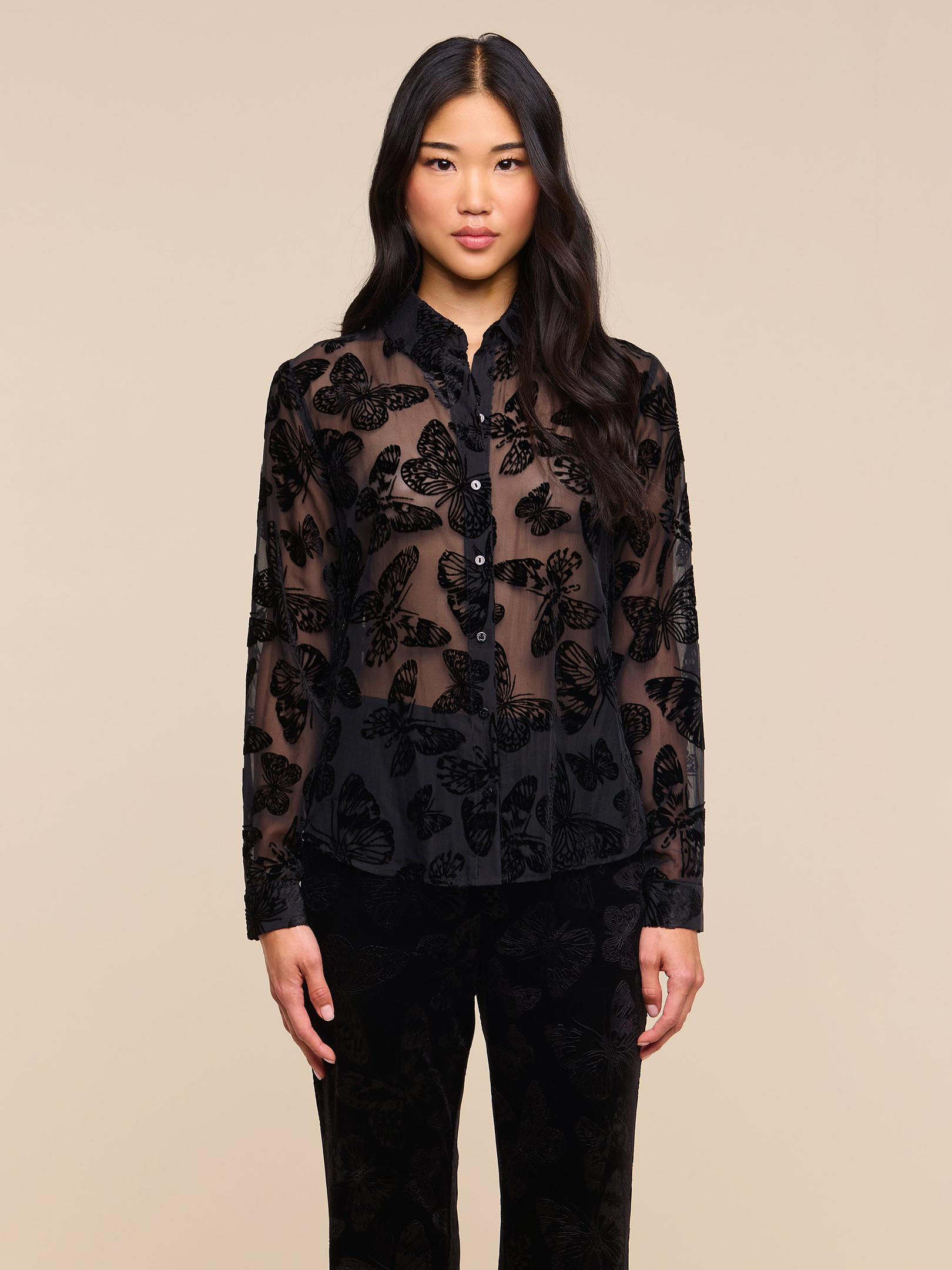 A woman with long black hair stands facing forward against a plain light background, wearing the Laurent Velvet Blouse—featuring a burnout velvet butterfly pattern—paired with black pants.