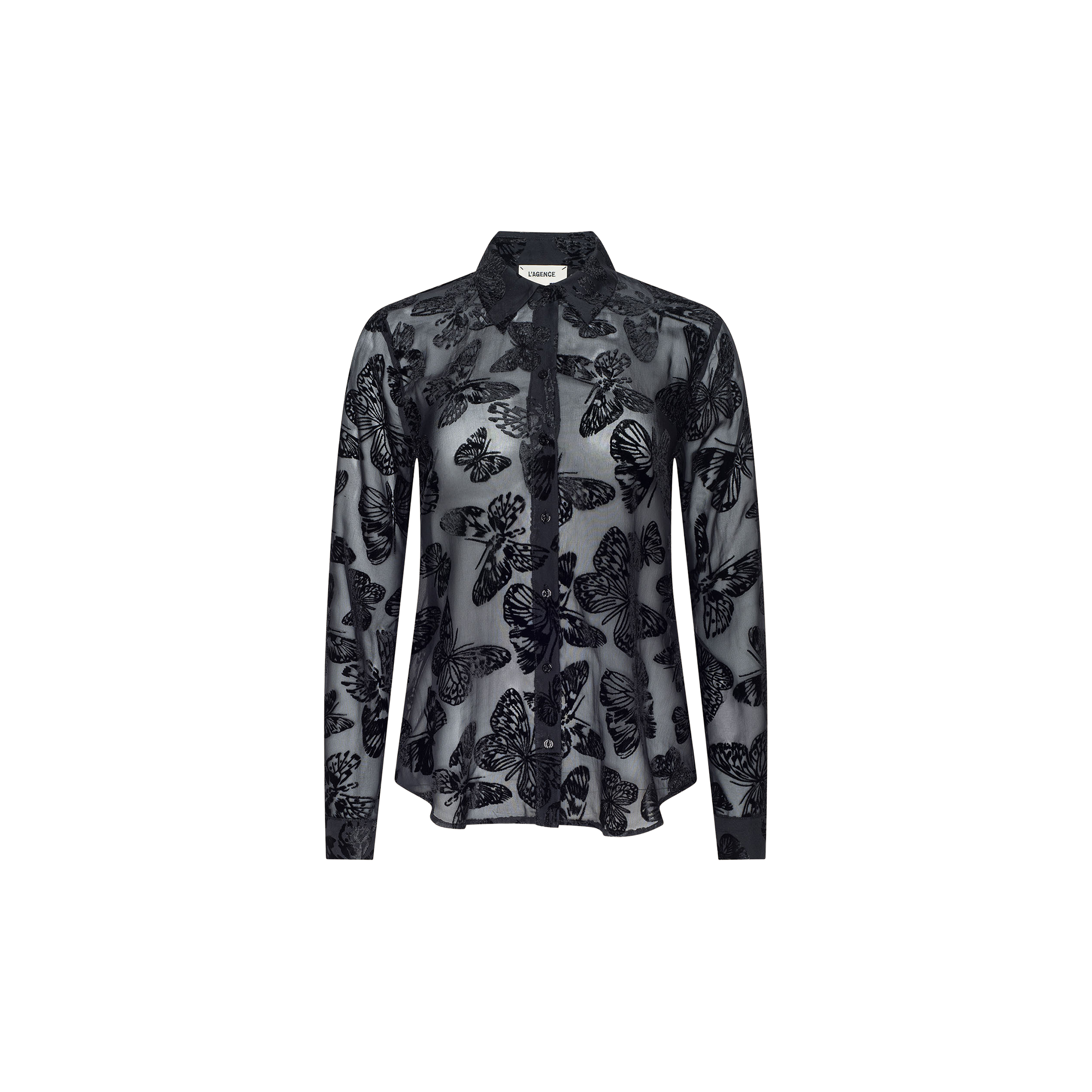Laurent Velvet Blouse—a sheer, relaxed fit long-sleeve button-down featuring a black butterfly print on lightweight, see-through devoré velvet fabric, shown against a plain white background.