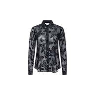 Laurent Velvet Blouse—a sheer, relaxed fit long-sleeve button-down featuring a black butterfly print on lightweight, see-through devoré velvet fabric, shown against a plain white background.