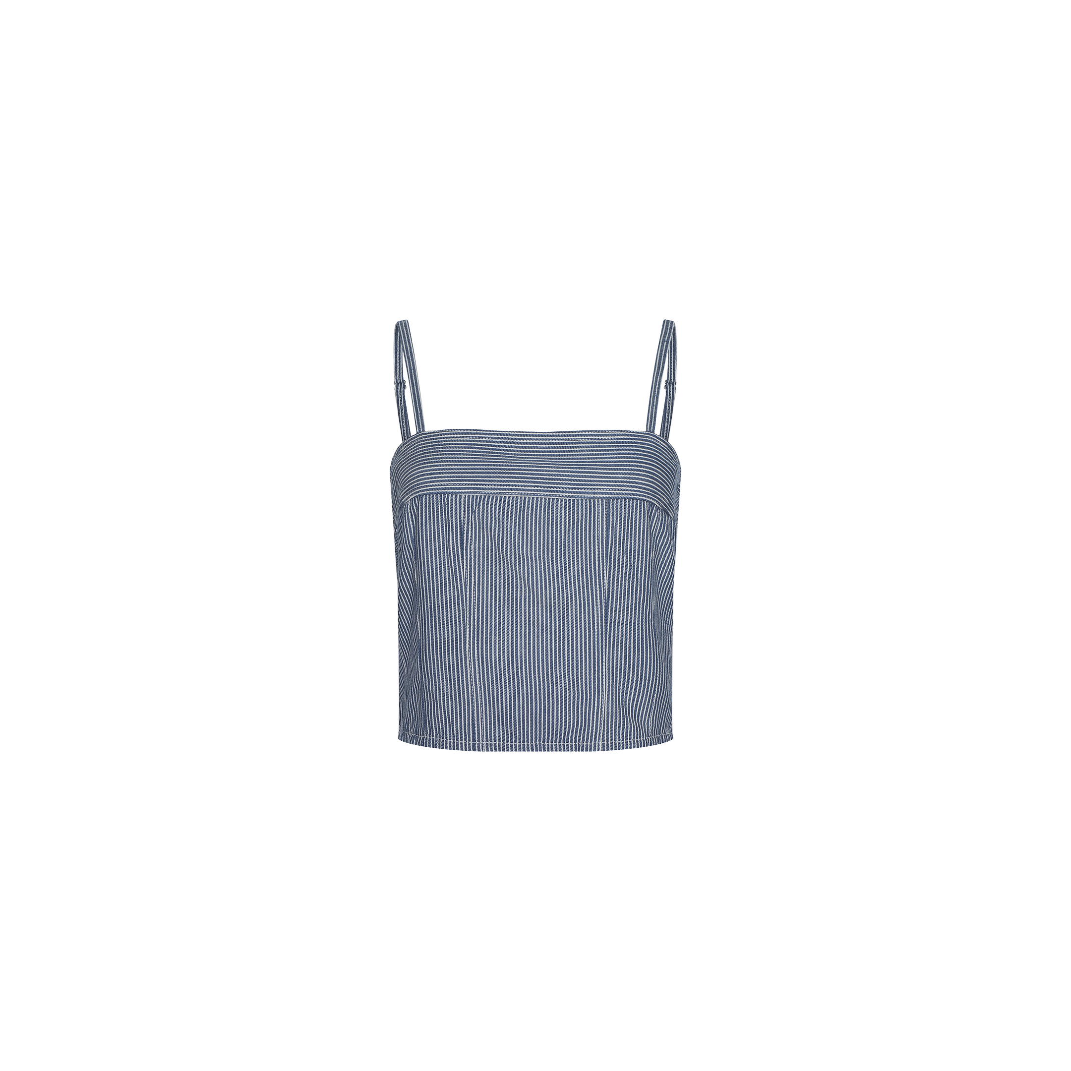 Arlin Tank featuring blue stripes, thin spaghetti straps, a square neckline, and a straight hem, displayed on a plain white background.